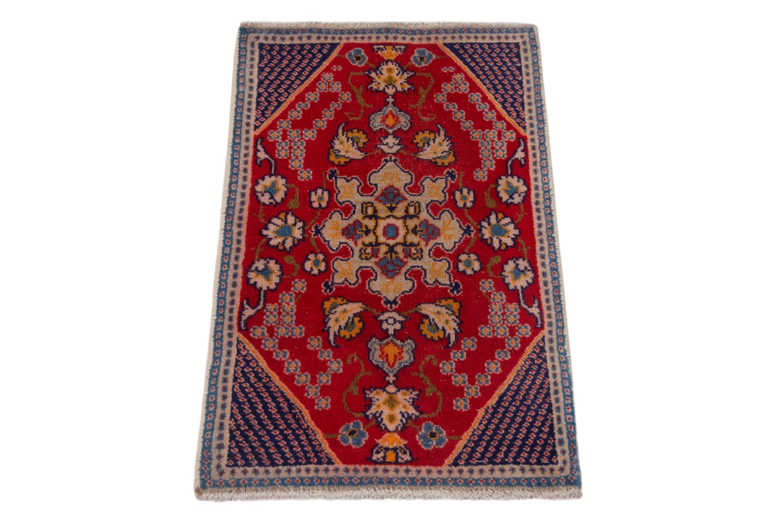 Persian Nain accent rug in deep red and dark blue, view 3 of 7