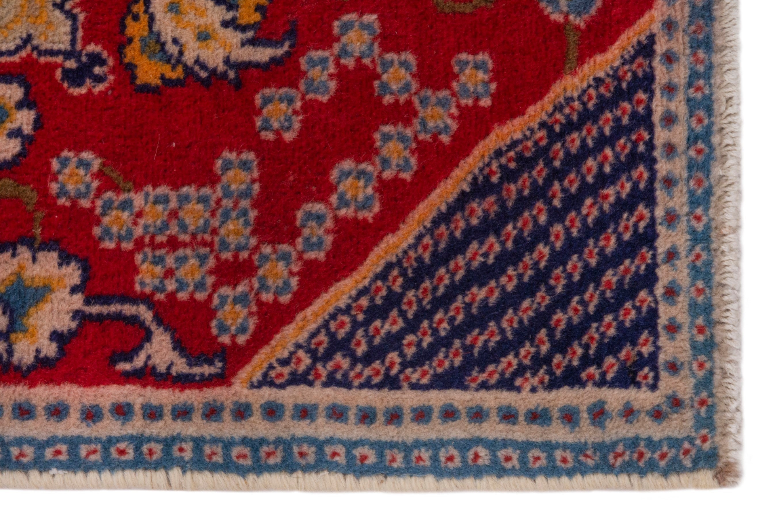 Persian Nain accent rug in deep red and dark blue, view 4 of 7