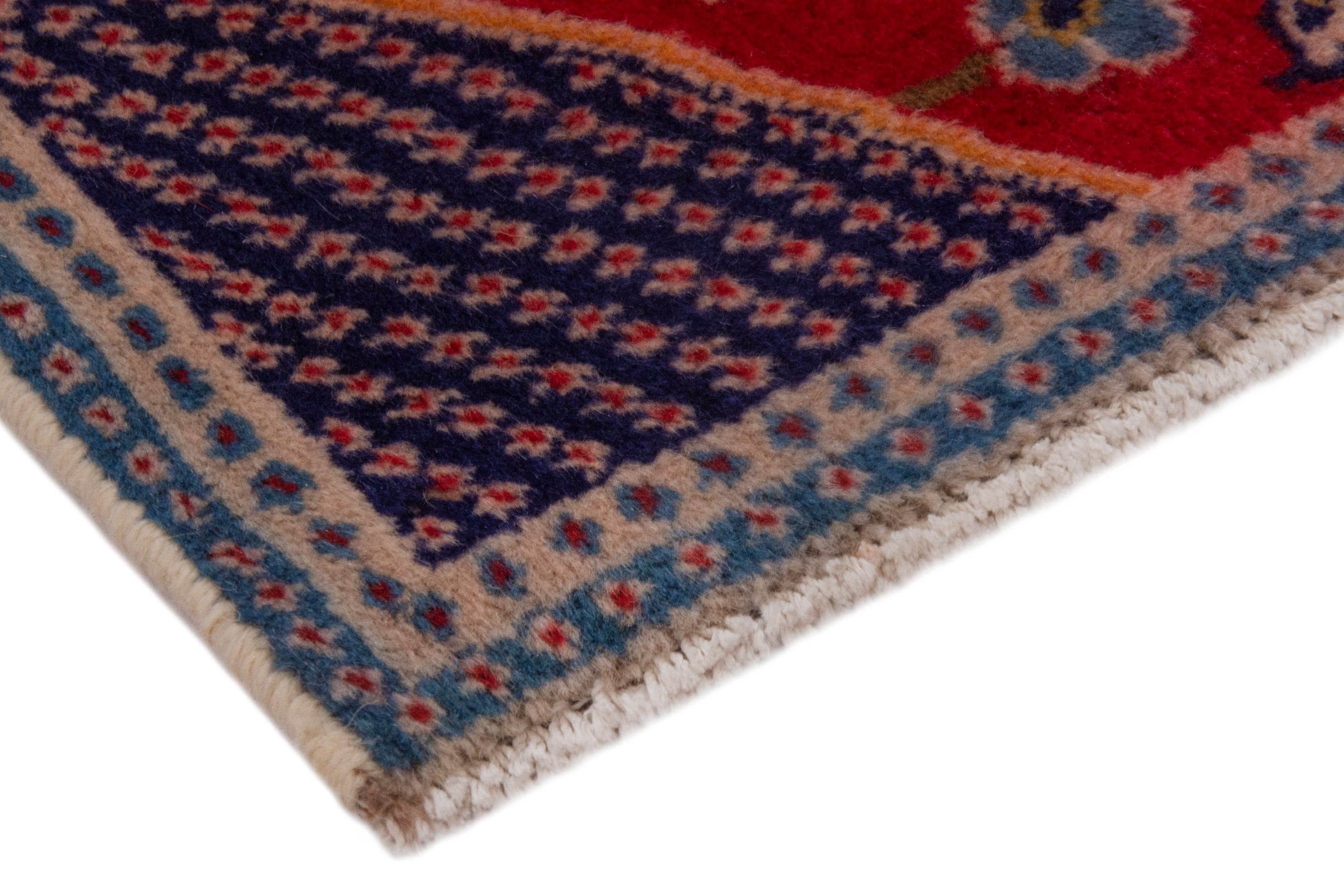 Persian Nain accent rug in deep red and dark blue, view 5 of 7