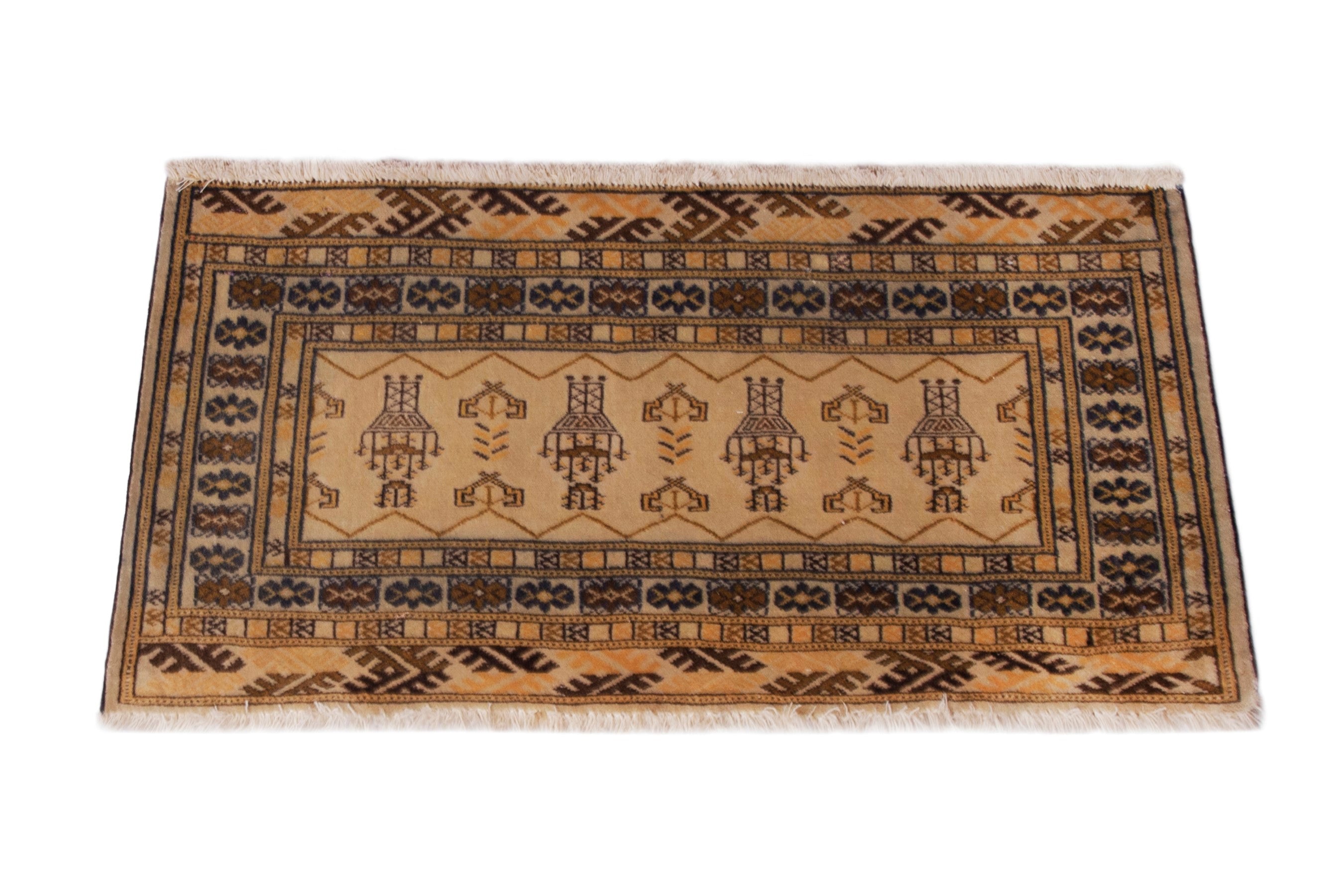 Persian Torkaman accent rug in cream and tan, view 2 of 7