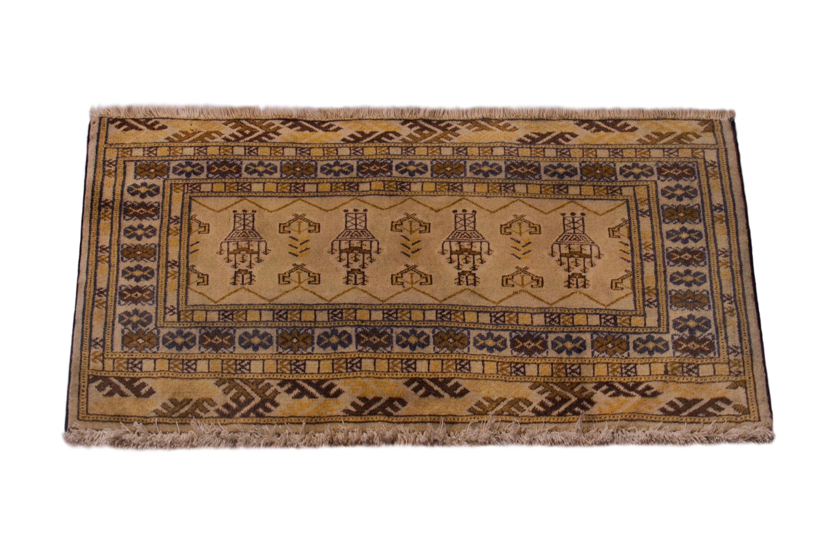 Persian Torkaman accent rug in cream and tan, view 3 of 7