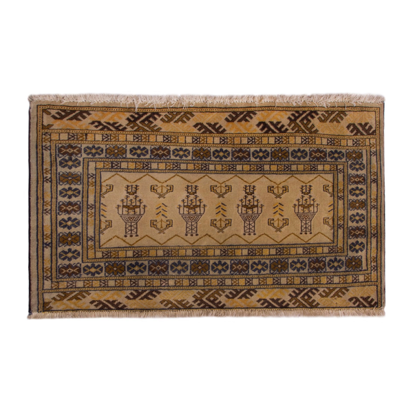 Persian Torkaman accent rug in cream and tan, 3'1" x 1'11"