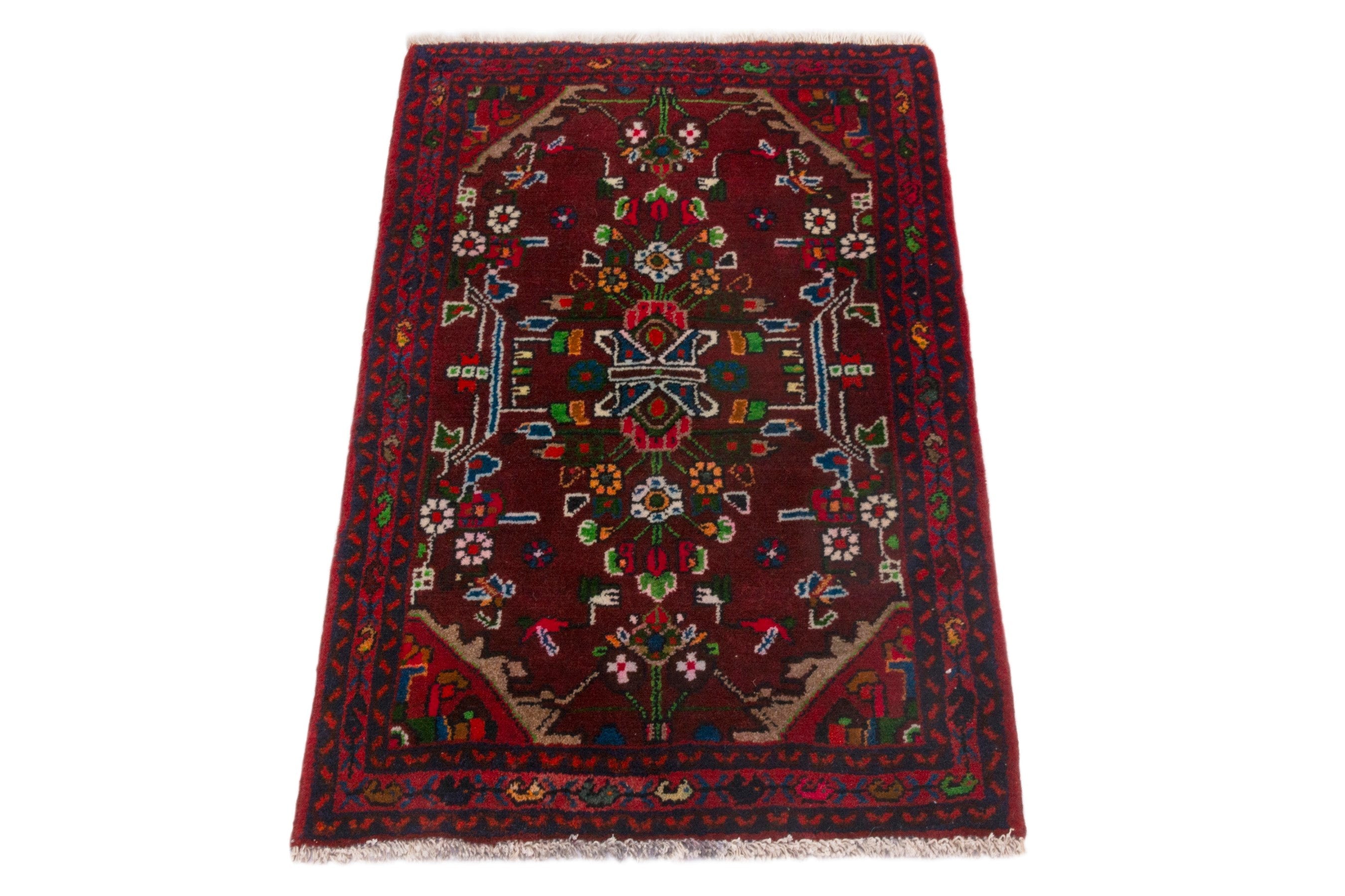 Persian Hamedan accent rug in burgundy and deep red, view 2 of 7
