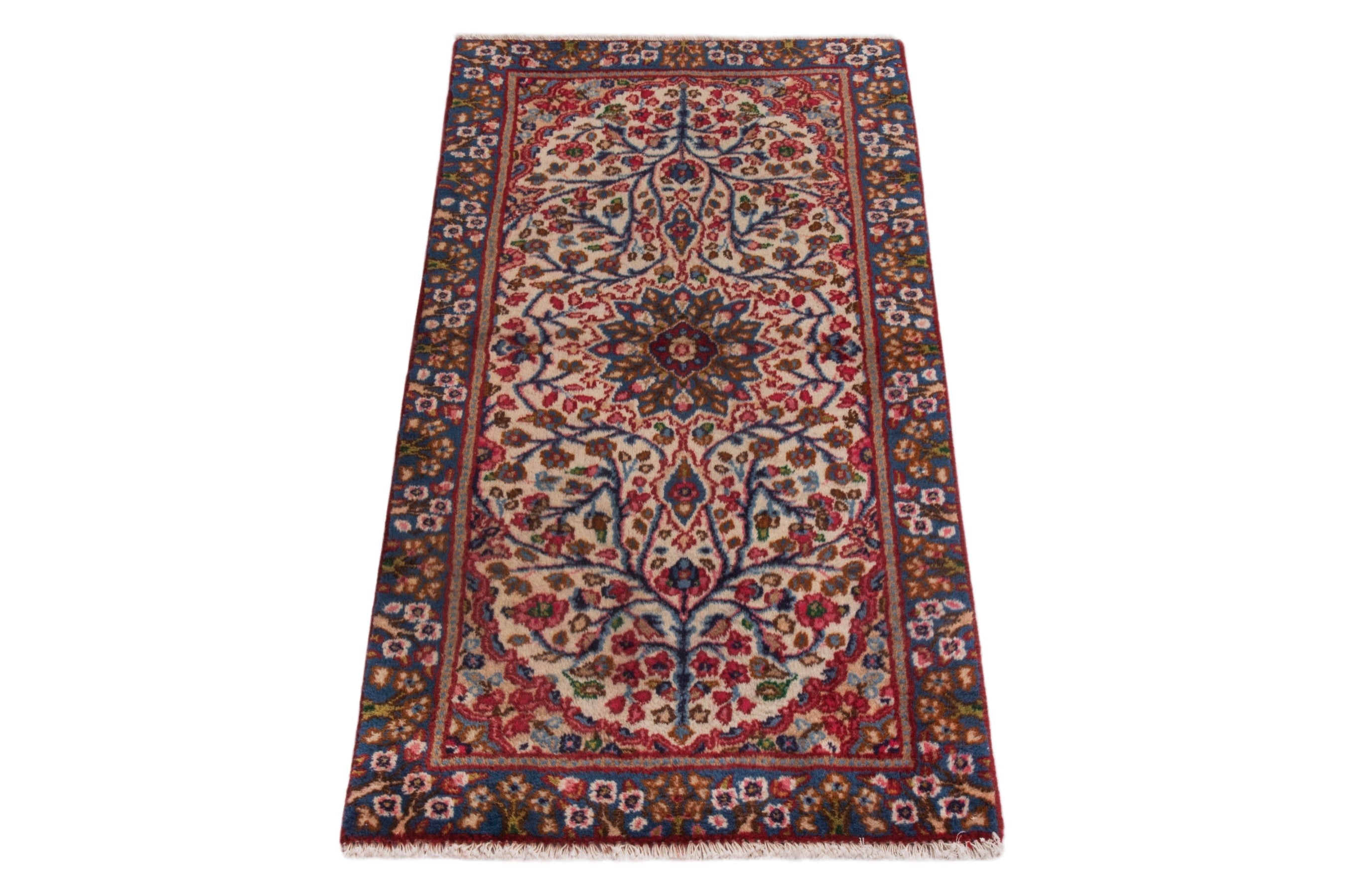 Persian Kerman accent rug in cream and deep red, view 2 of 7