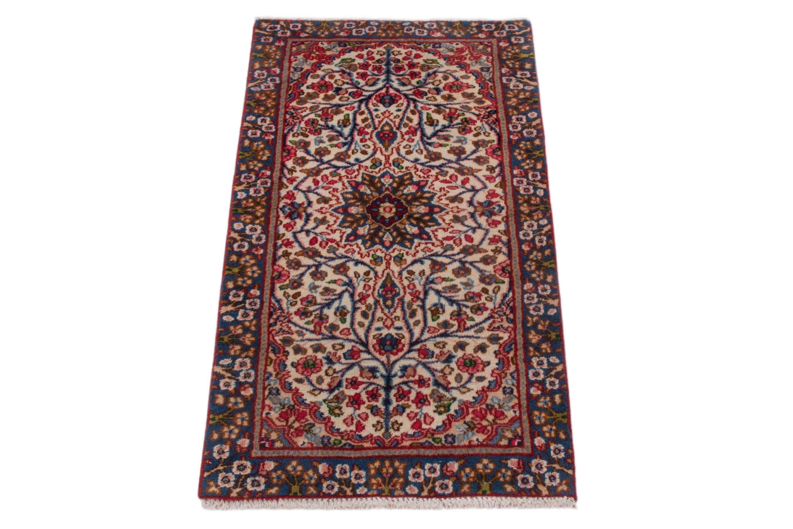 Persian Kerman accent rug in cream and deep red, view 3 of 7