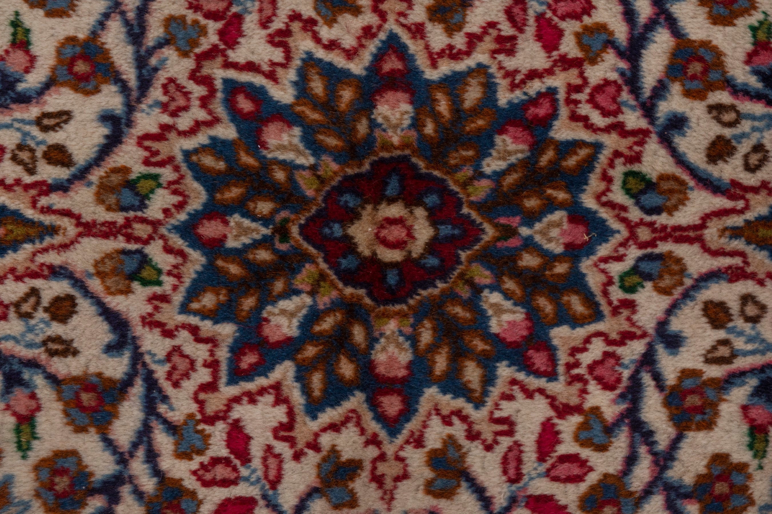 Persian Kerman accent rug in cream and deep red, view 6 of 7