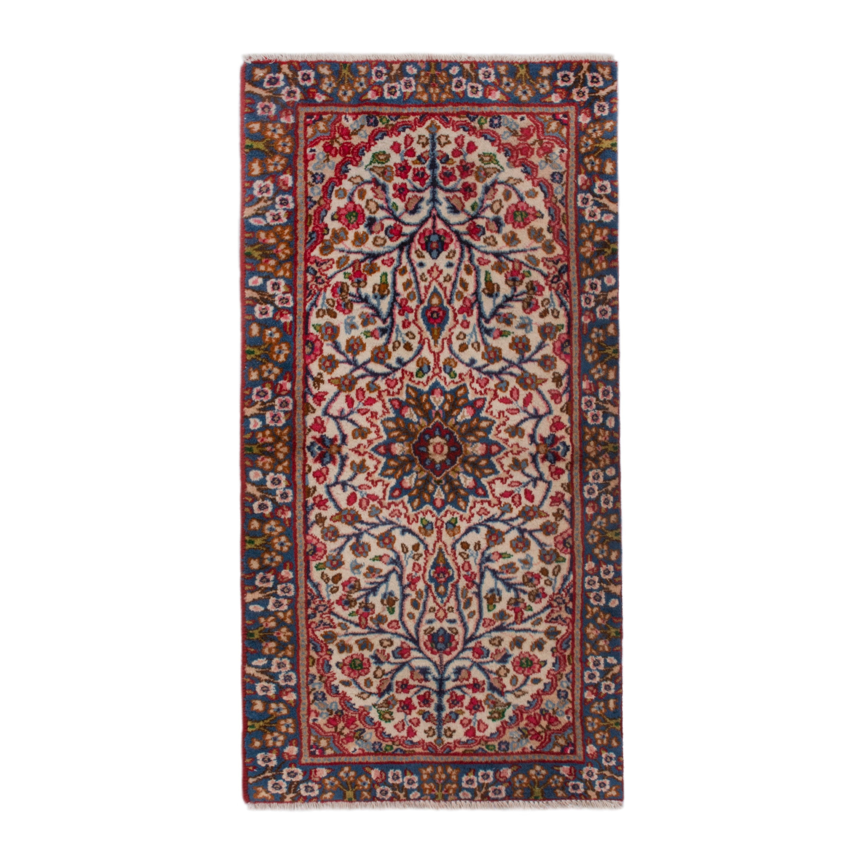 Persian Kerman accent rug in cream and deep red, 1'10" x 4'