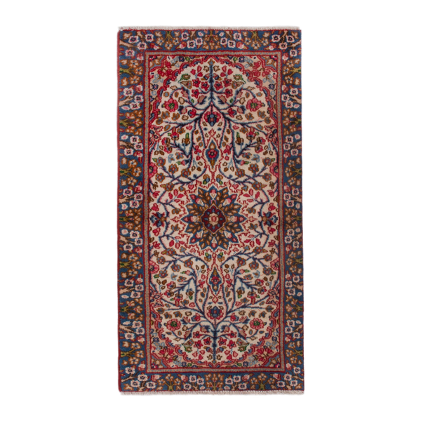 Persian Kerman runner rug in cream and deep red, 1'10" x 4'