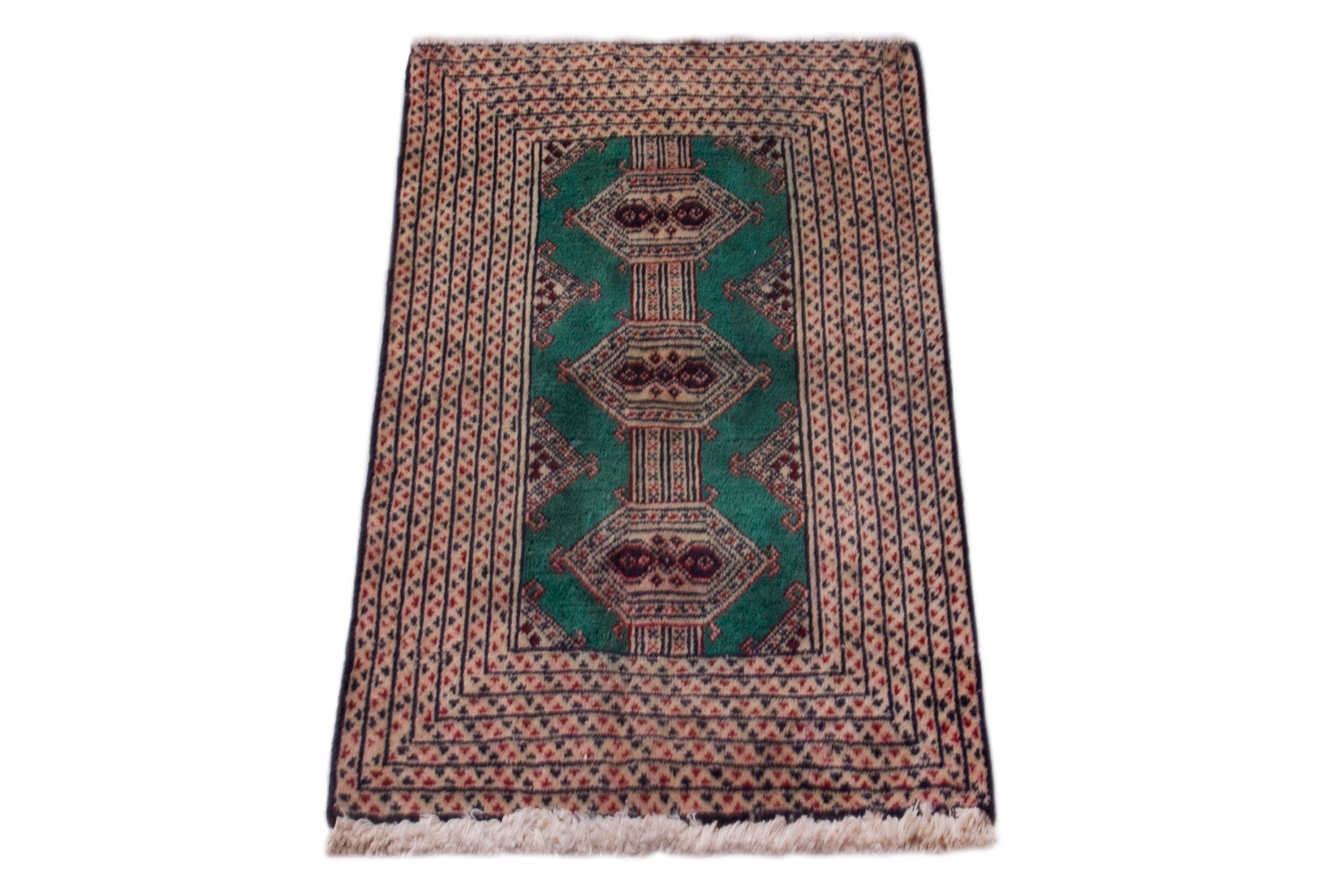 Persian Torkaman accent rug in rust and teal, view 3 of 7