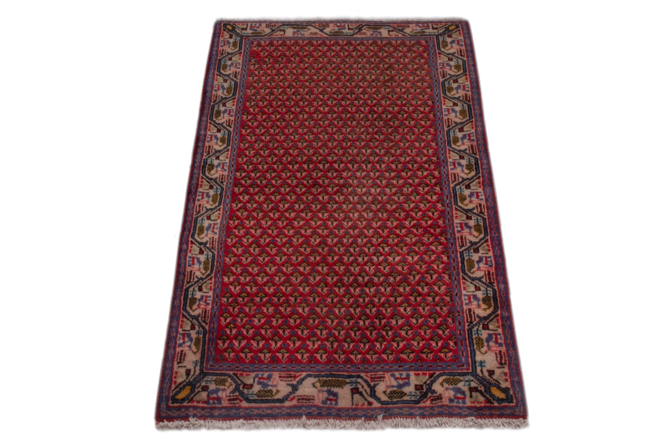 Persian Botteh accent rug in deep red and cream, view 2 of 7
