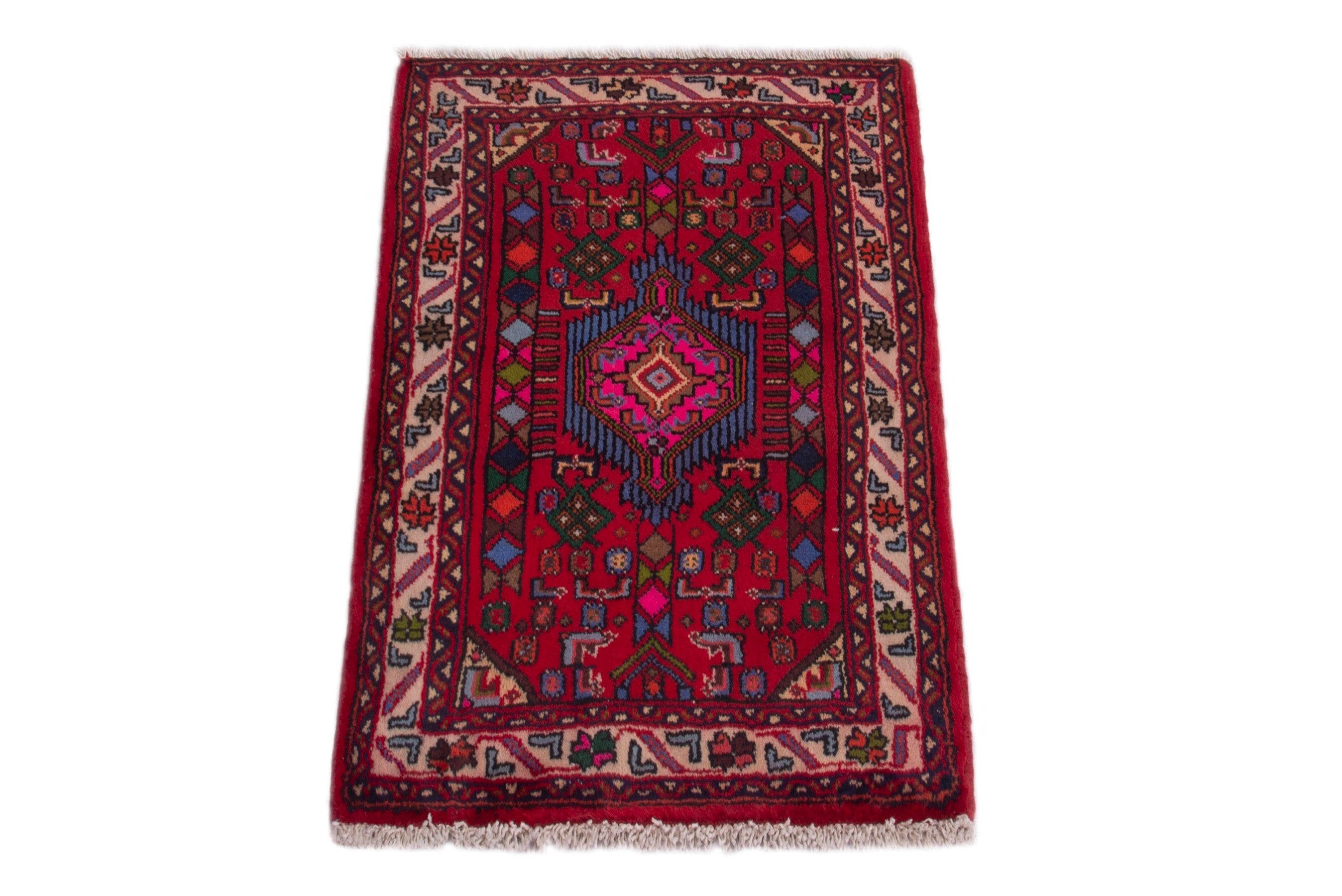 Persian Hamedan accent rug in deep red and burgundy, view 2 of 7