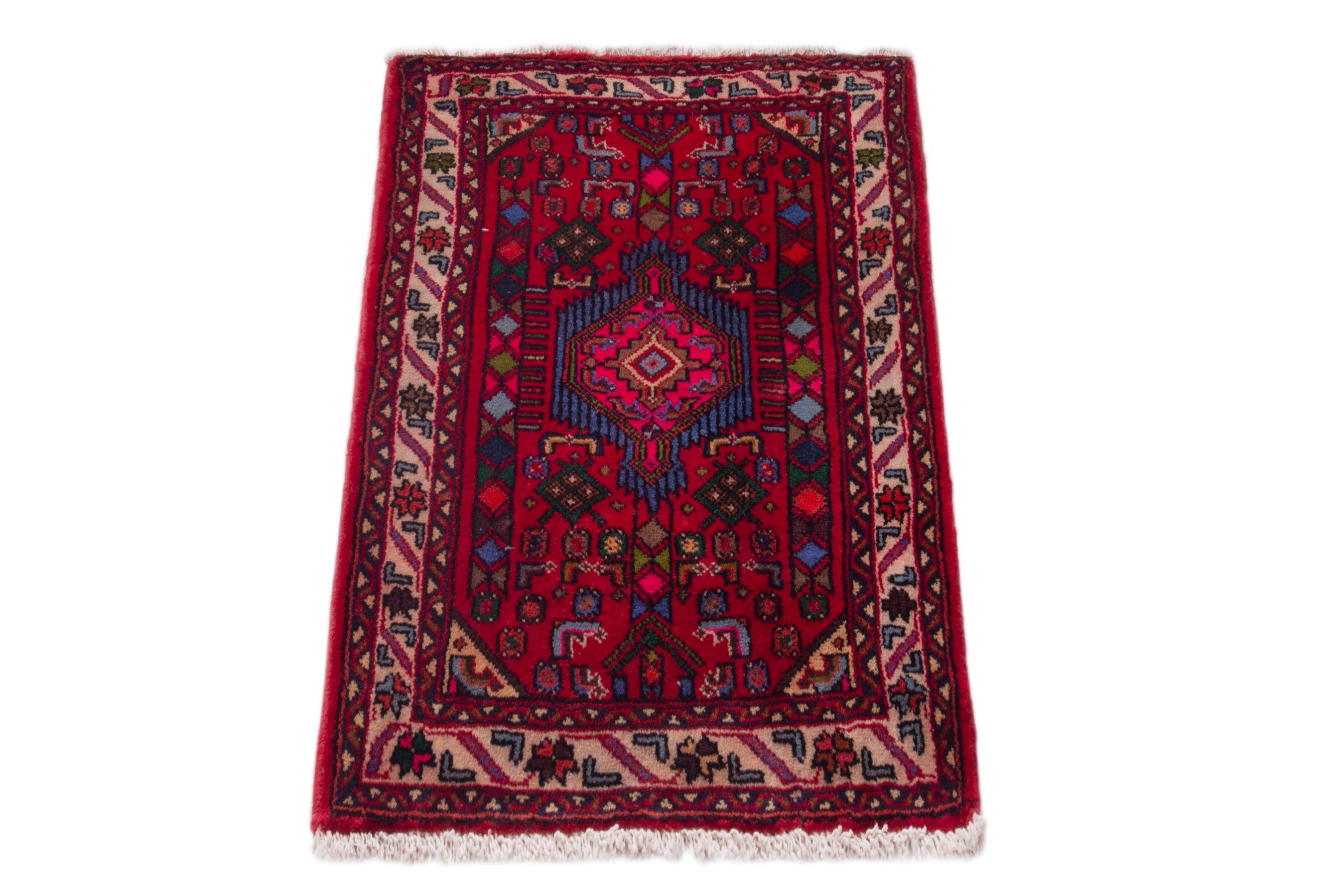 Persian Hamedan accent rug in deep red and burgundy, view 3 of 7