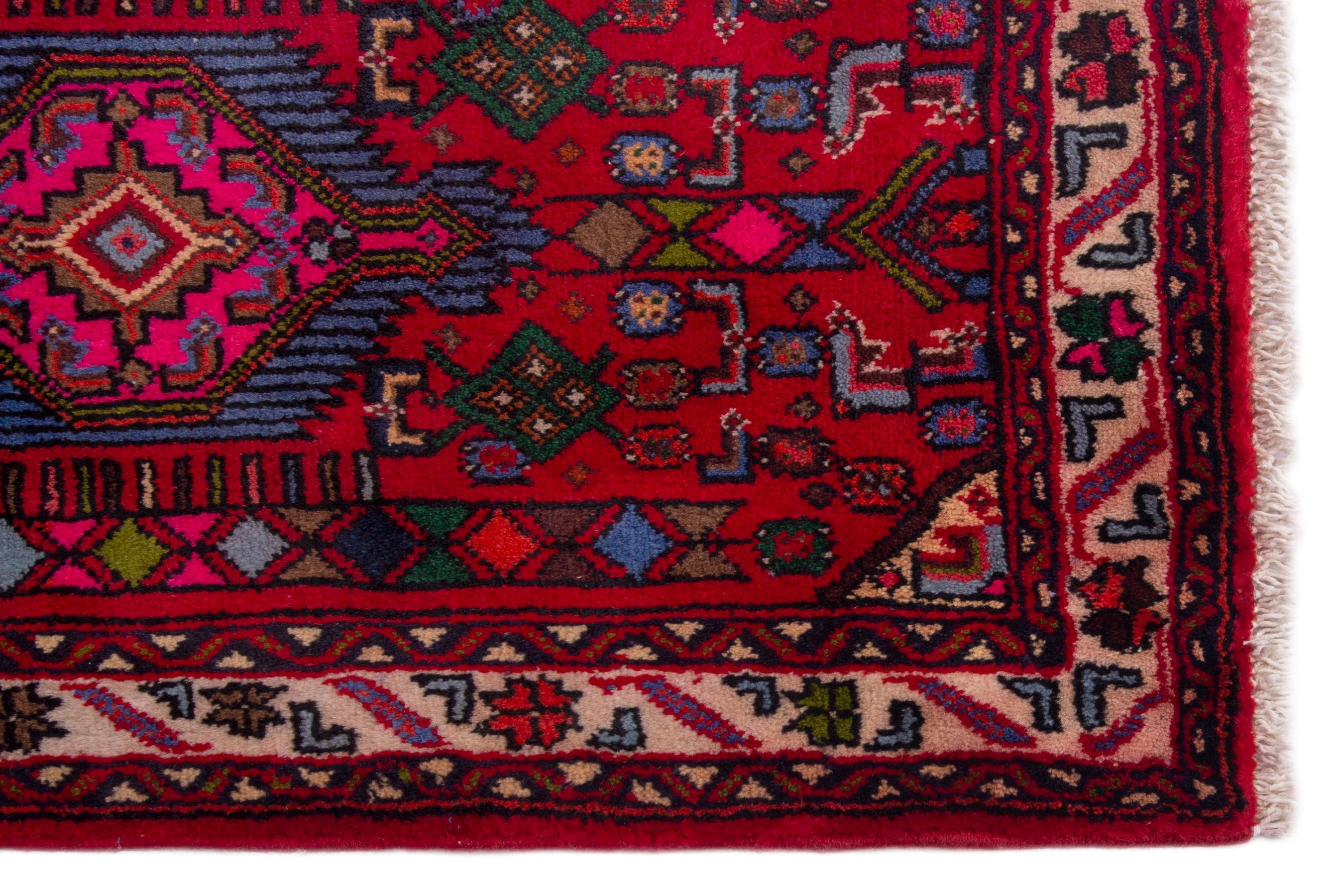 Persian Hamedan accent rug in deep red and burgundy, view 4 of 7