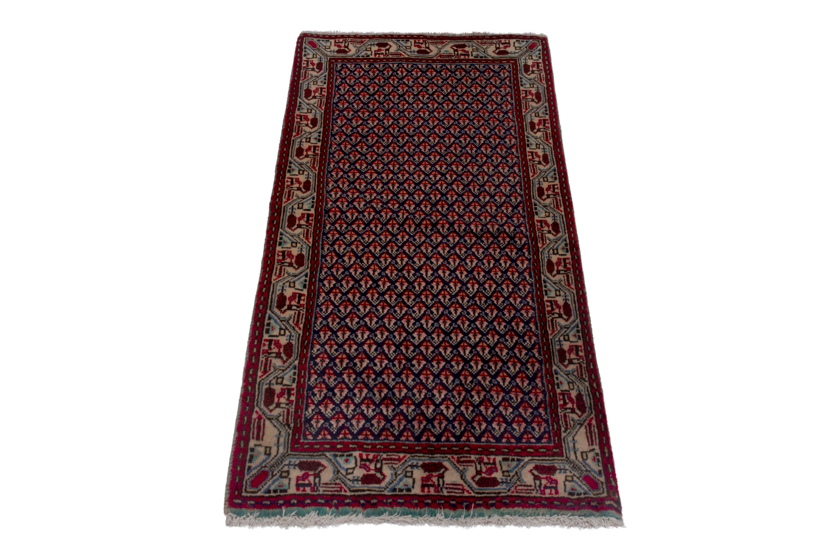 Persian Botteh accent rug in navy and deep red, view 2 of 7