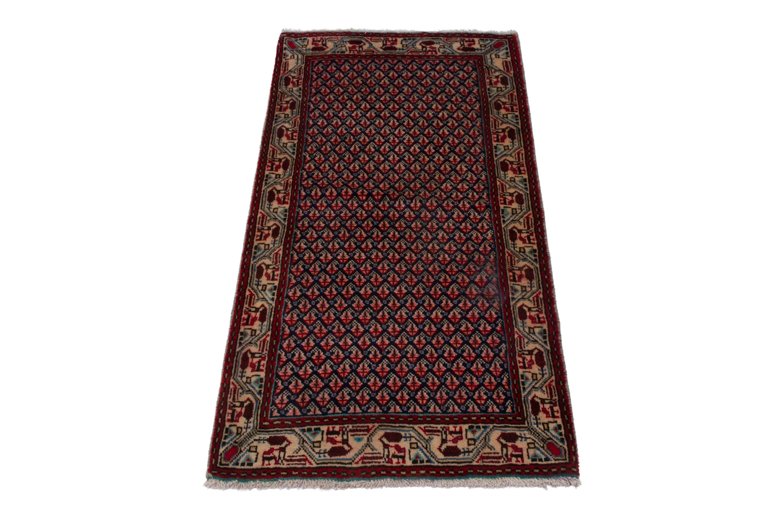 Persian Botteh accent rug in navy and deep red, view 3 of 7