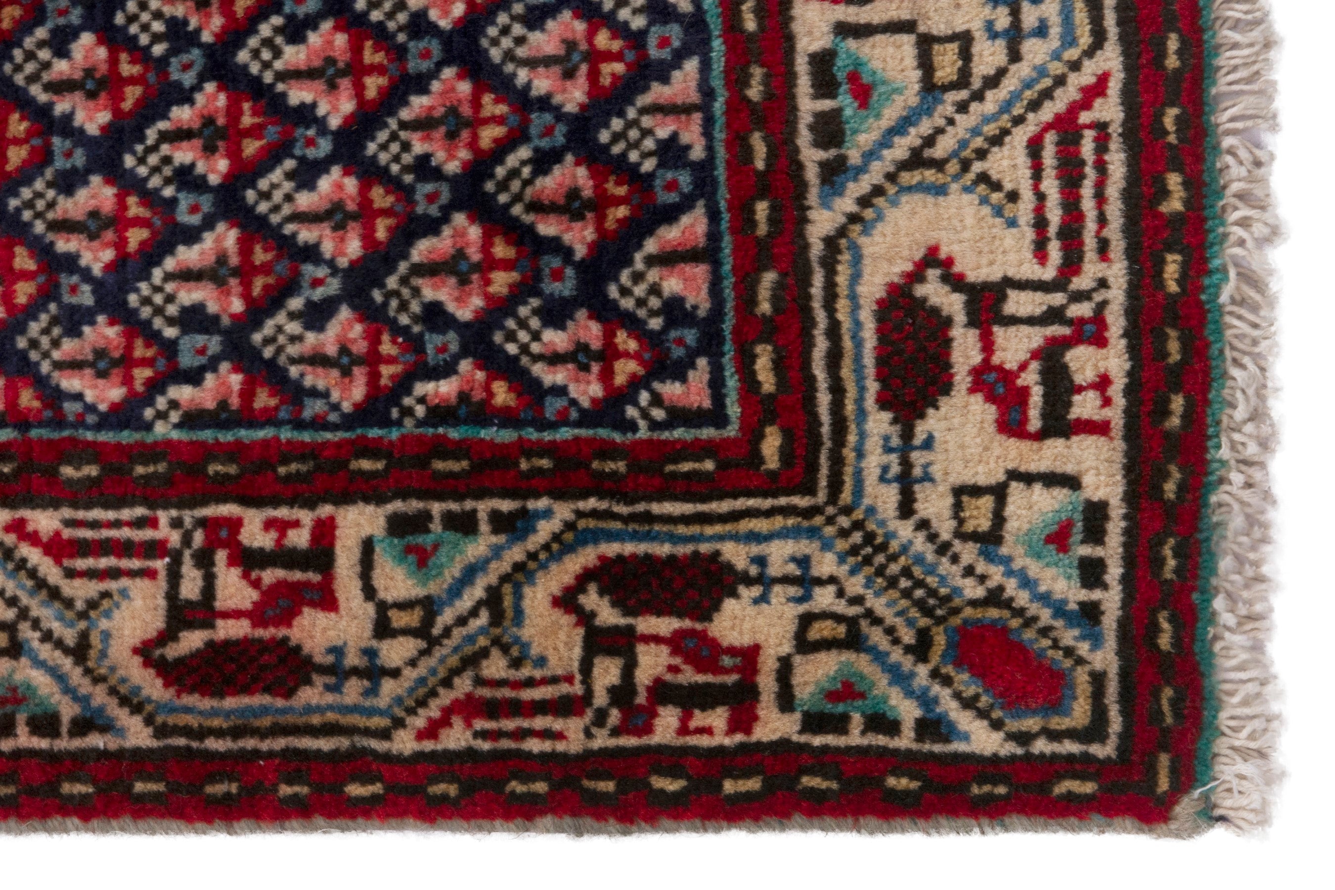 Persian Botteh accent rug in navy and deep red, view 4 of 7