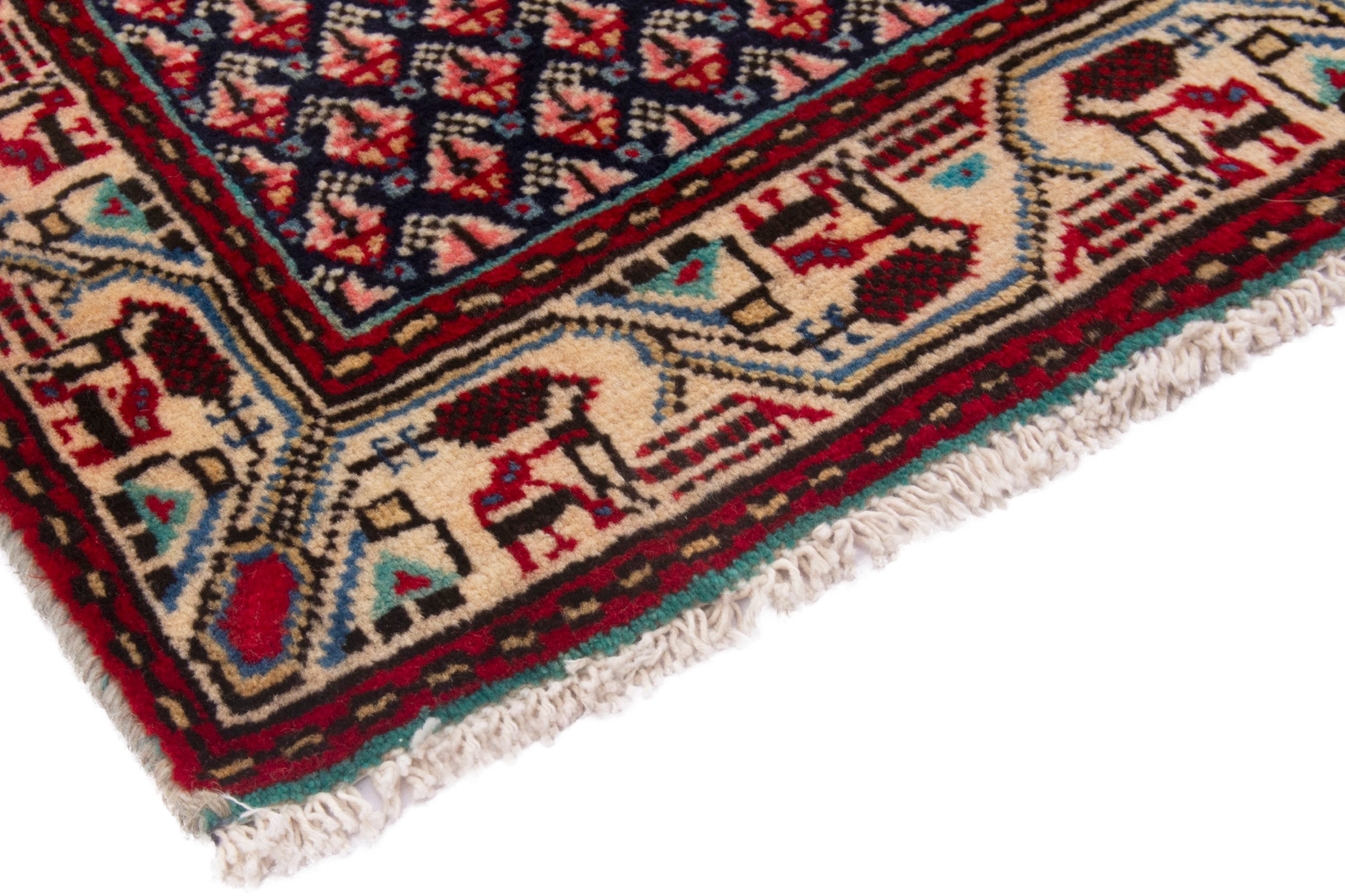 Persian Botteh accent rug in navy and deep red, view 5 of 7