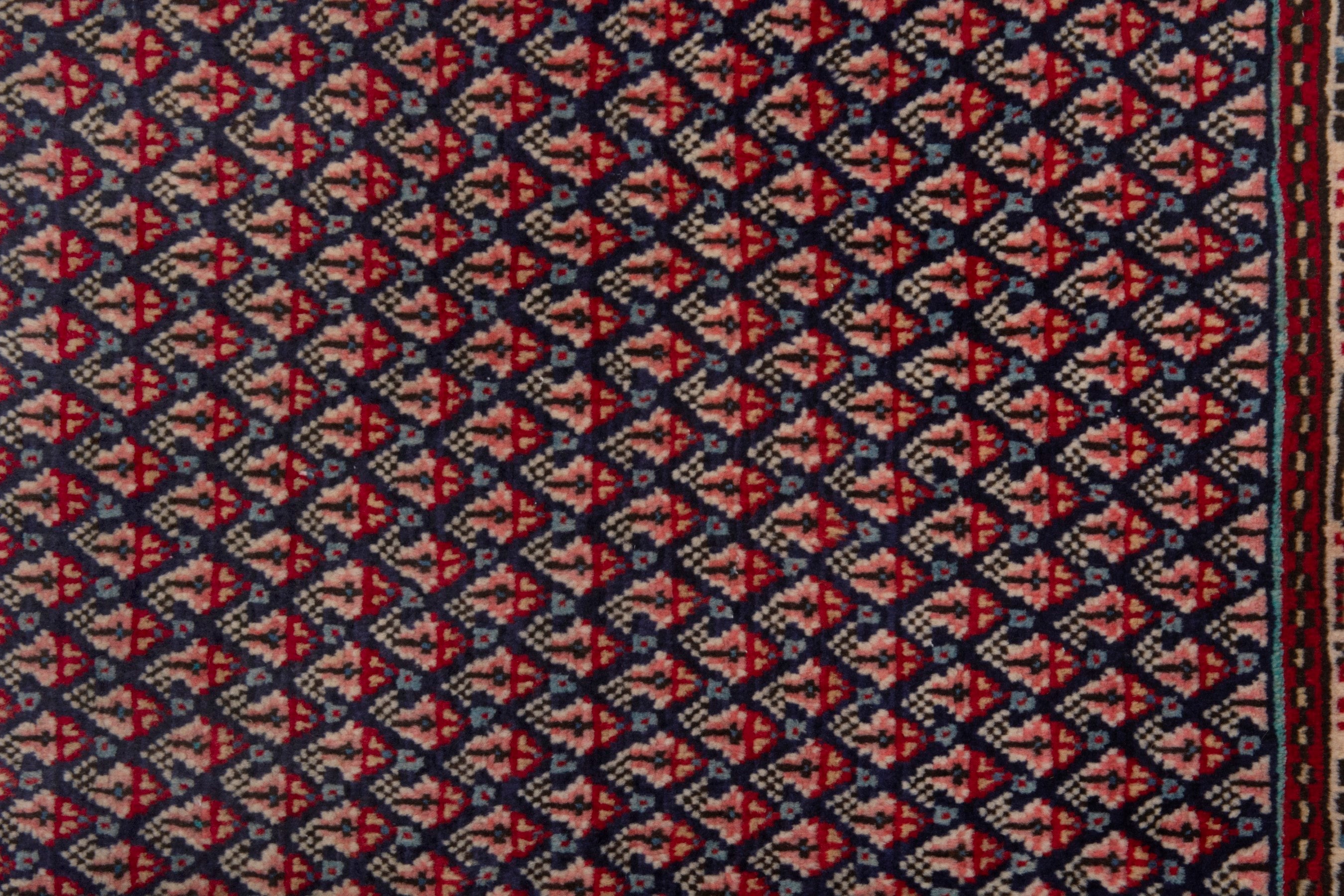 Persian Botteh accent rug in navy and deep red, view 6 of 7