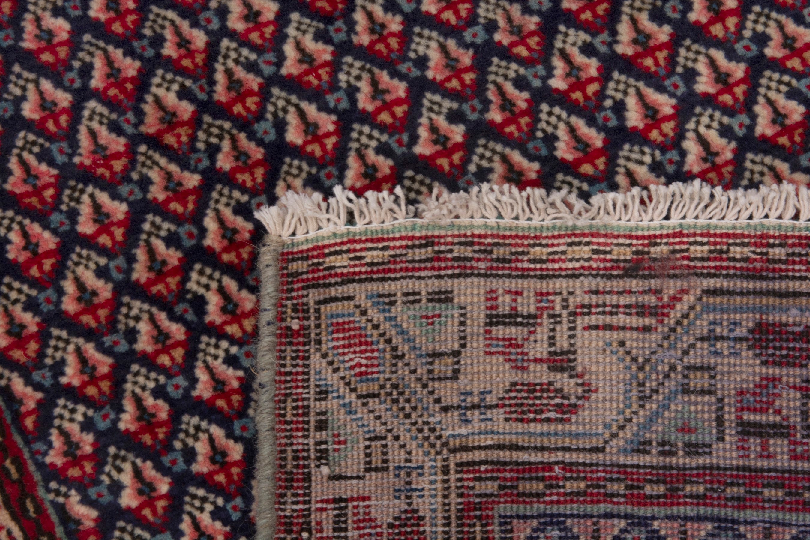 Persian Botteh accent rug in navy and deep red, view 7 of 7