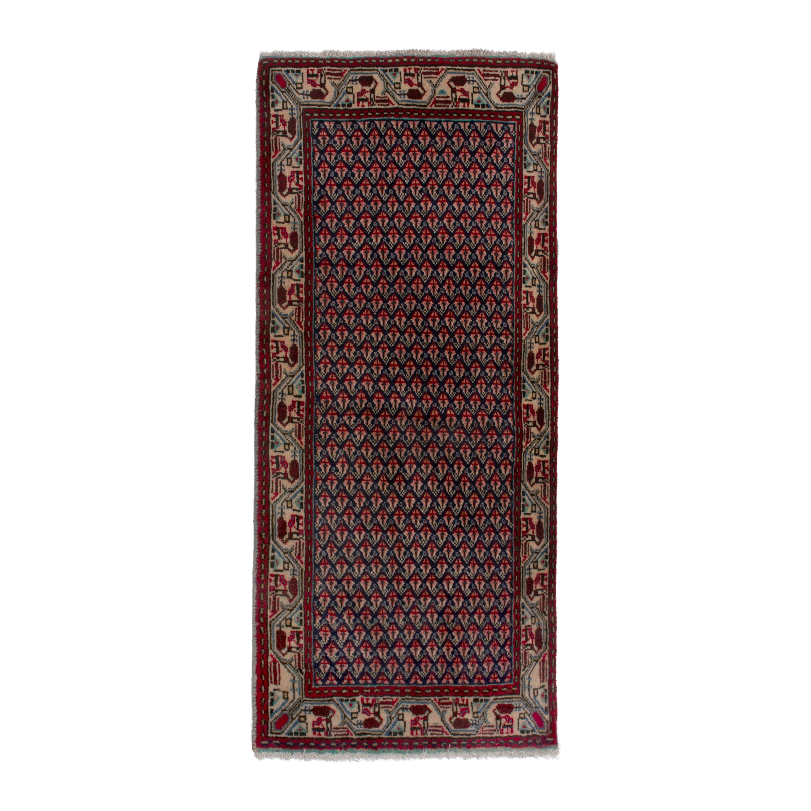 Persian Botteh accent rug in navy and deep red, 2' x 4'