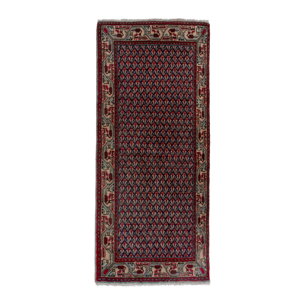 Persian Botteh accent rug in navy and deep red, 2' x 4'