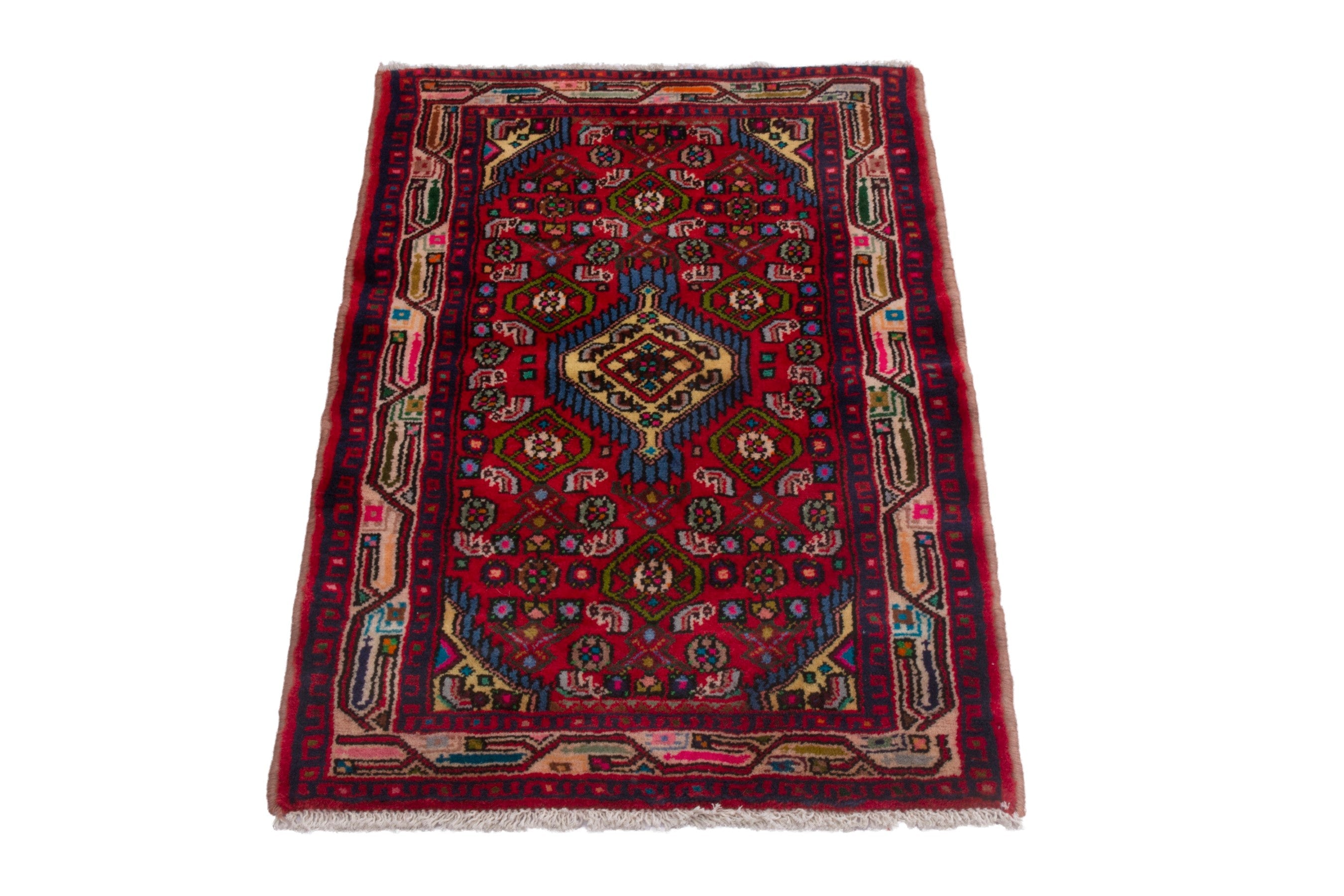 Persian Hamedan accent rug in deep red and burgundy, view 2 of 7