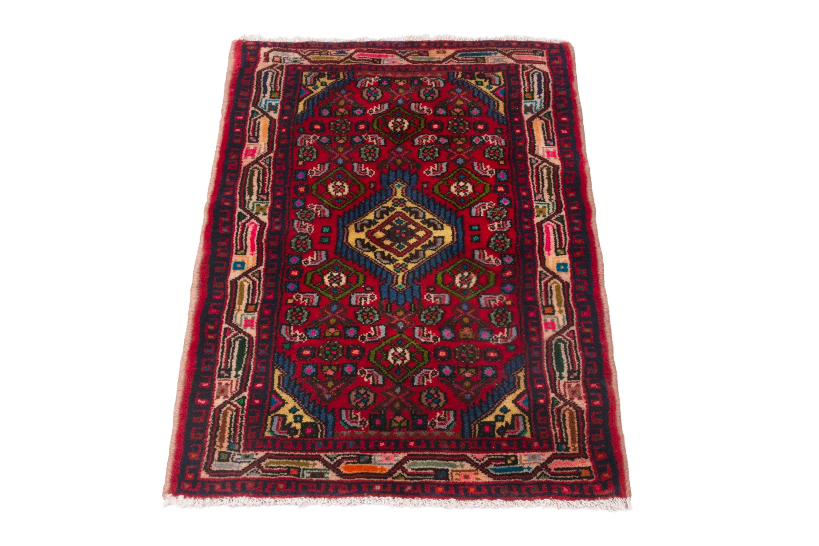 Persian Hamedan accent rug in deep red and burgundy, view 3 of 7