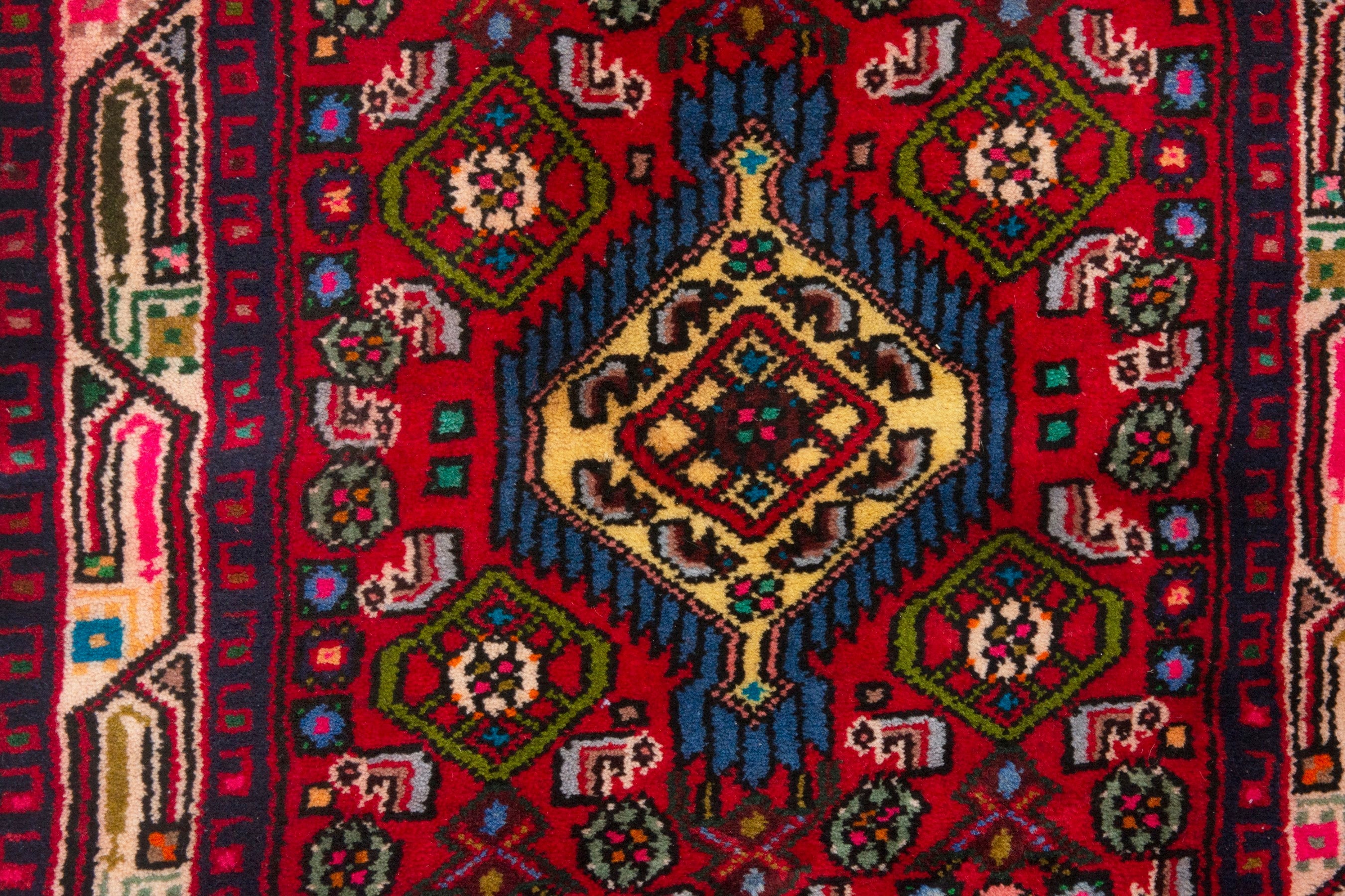 Persian Hamedan accent rug in deep red and burgundy, view 6 of 7
