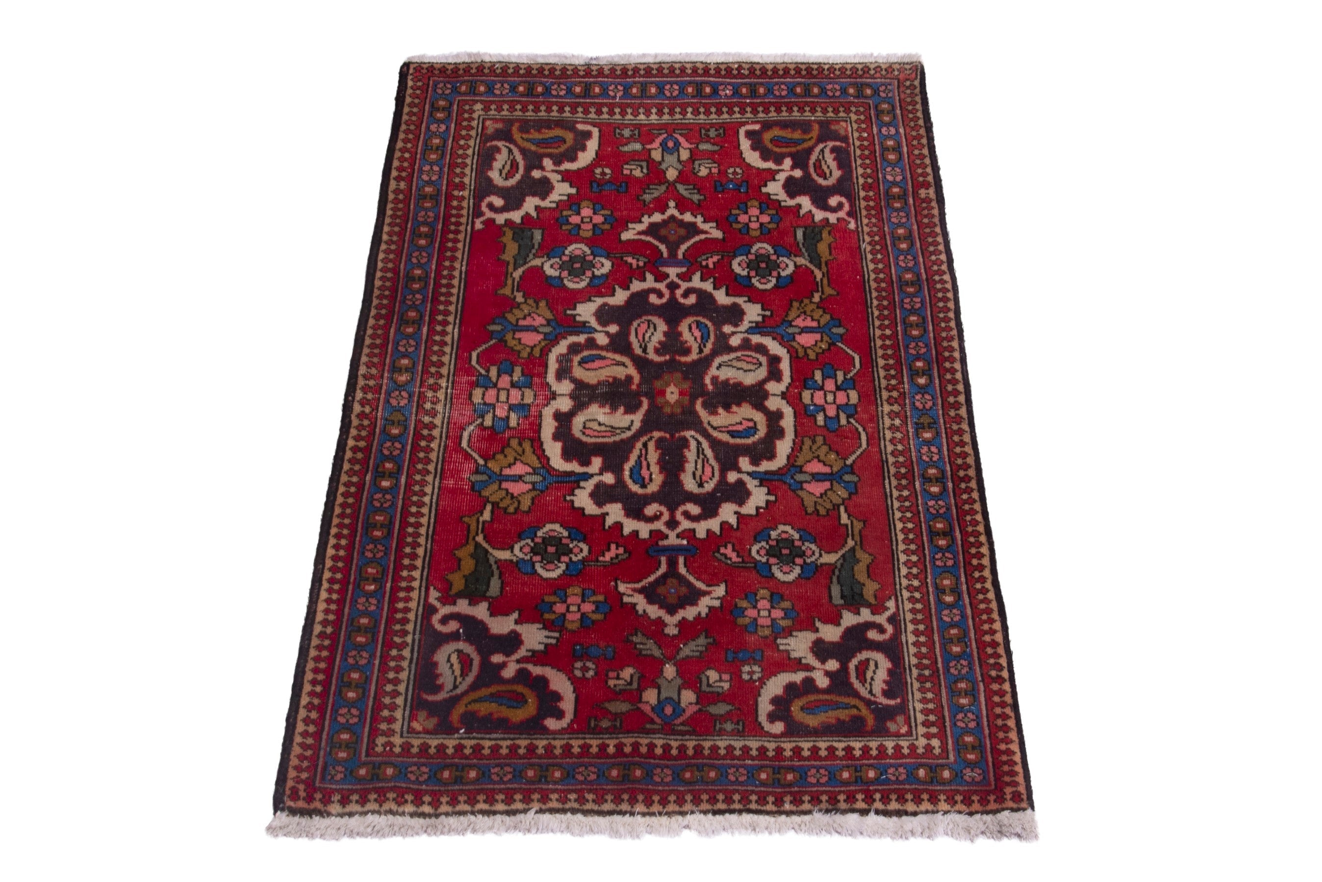 Persian Tabriz accent rug in deep red and denim, view 2 of 7