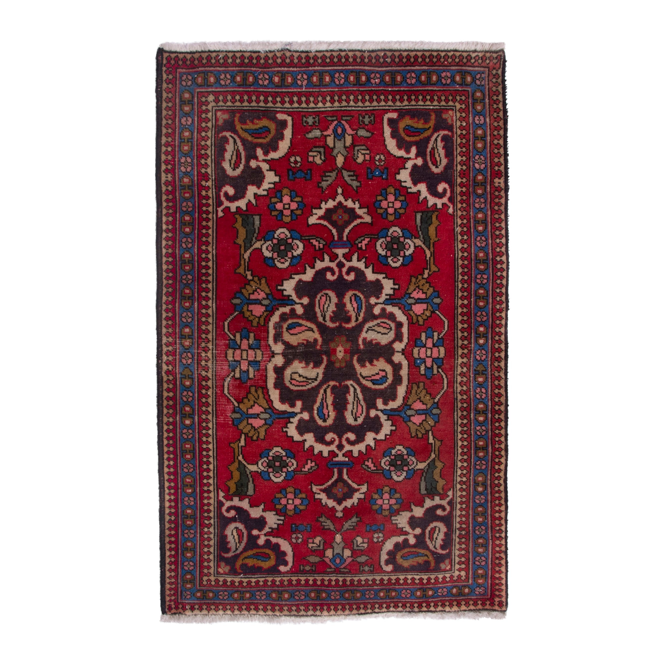 Persian Tabriz accent rug in deep red and denim, 2'4" x 3'1"