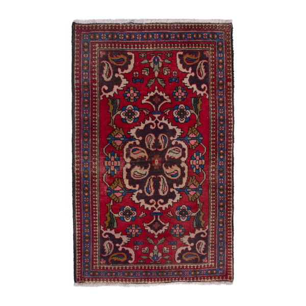 Persian Tabriz accent rug in deep red and denim, 2'4" x 3'1"