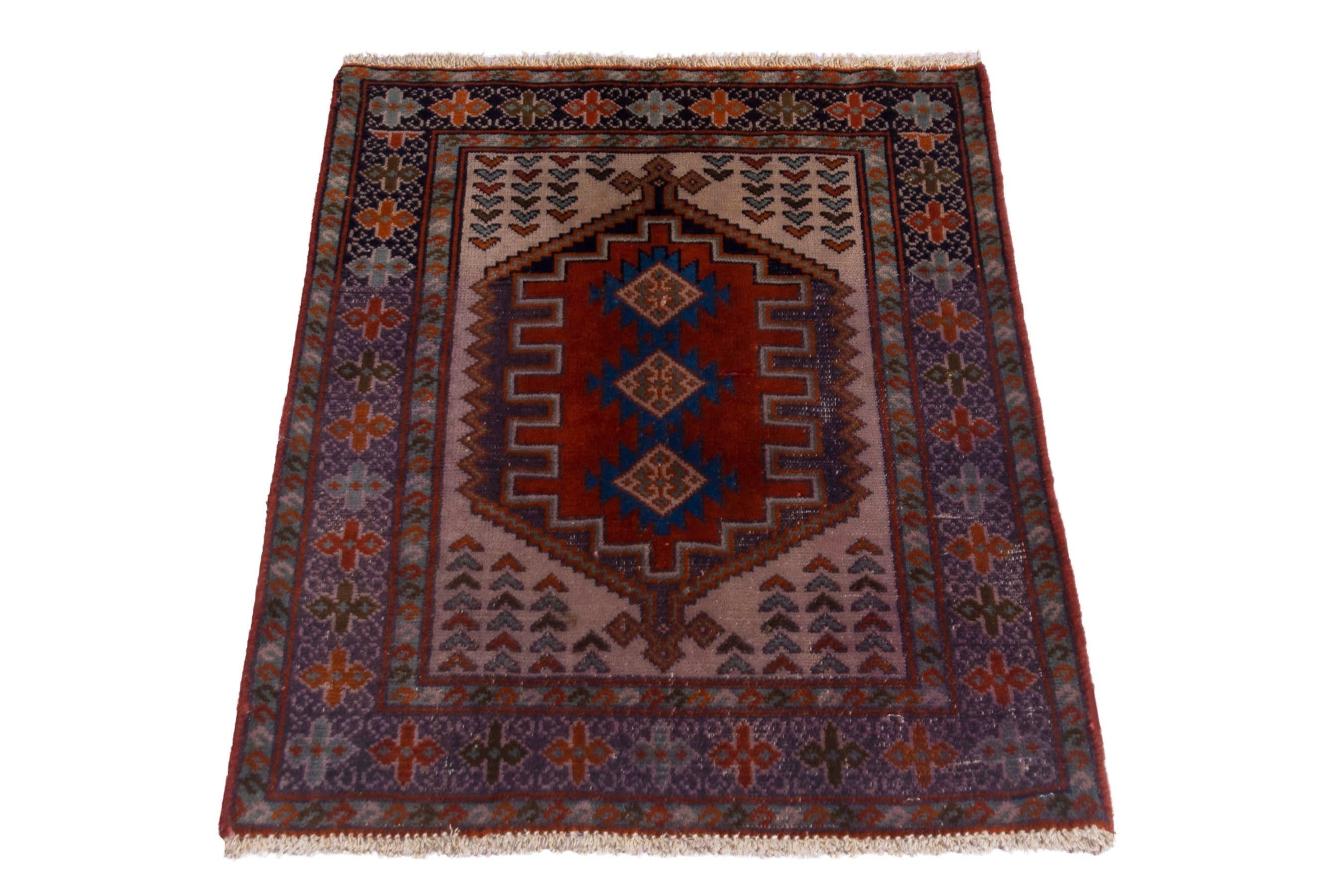 Persian Torkaman accent rug in cream and deep red, view 2 of 6