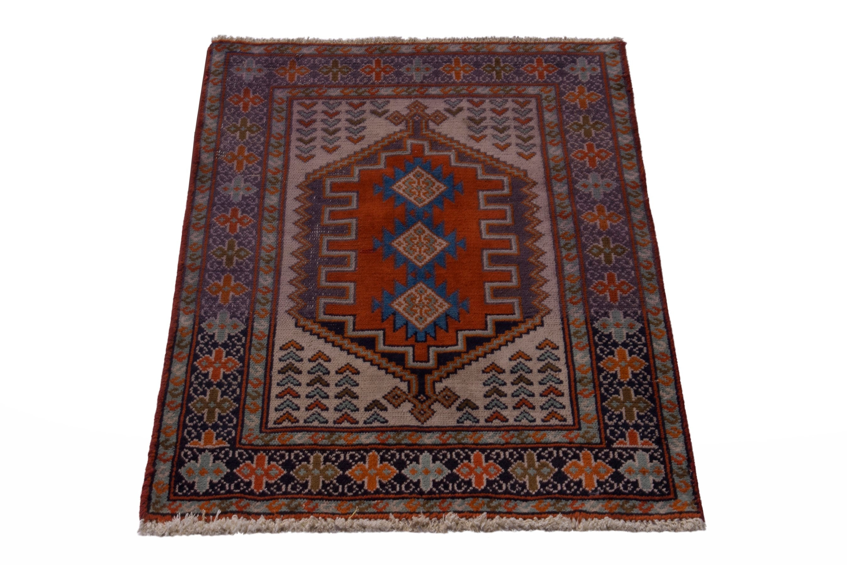 Persian Torkaman accent rug in cream and deep red, view 3 of 6