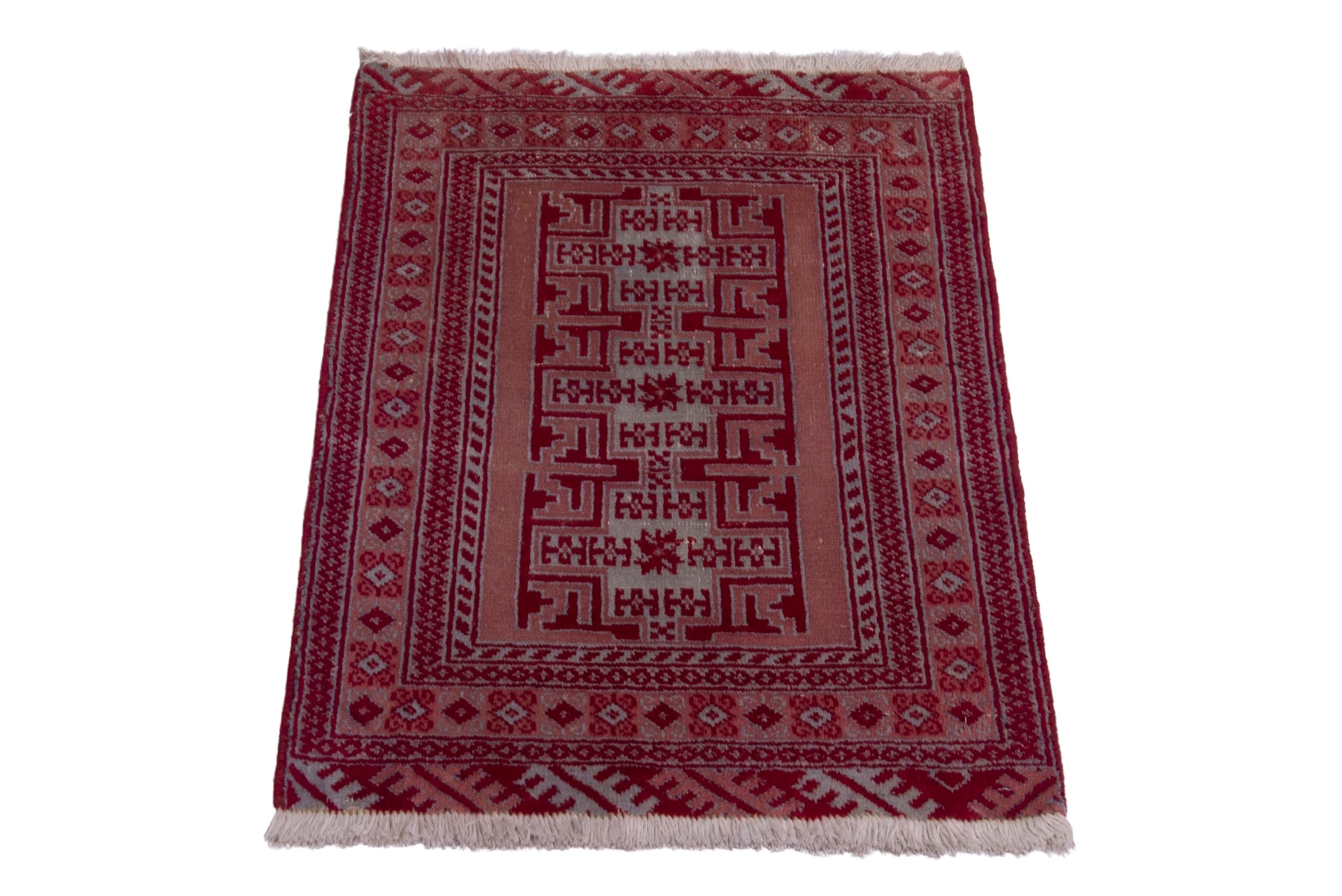 Persian Torkaman accent rug in burgundy and rose, view 2 of 7