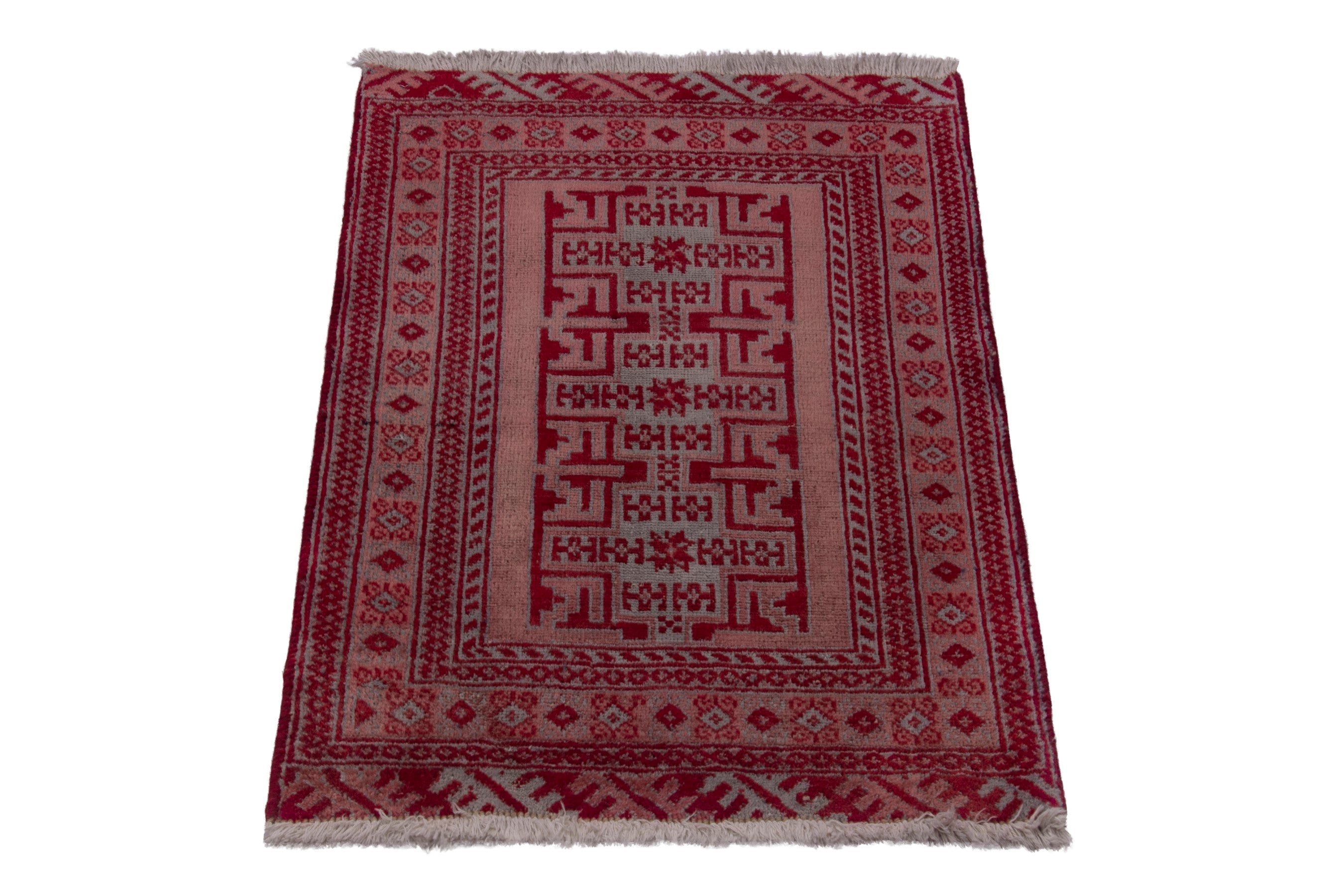 Persian Torkaman accent rug in burgundy and rose, view 3 of 7