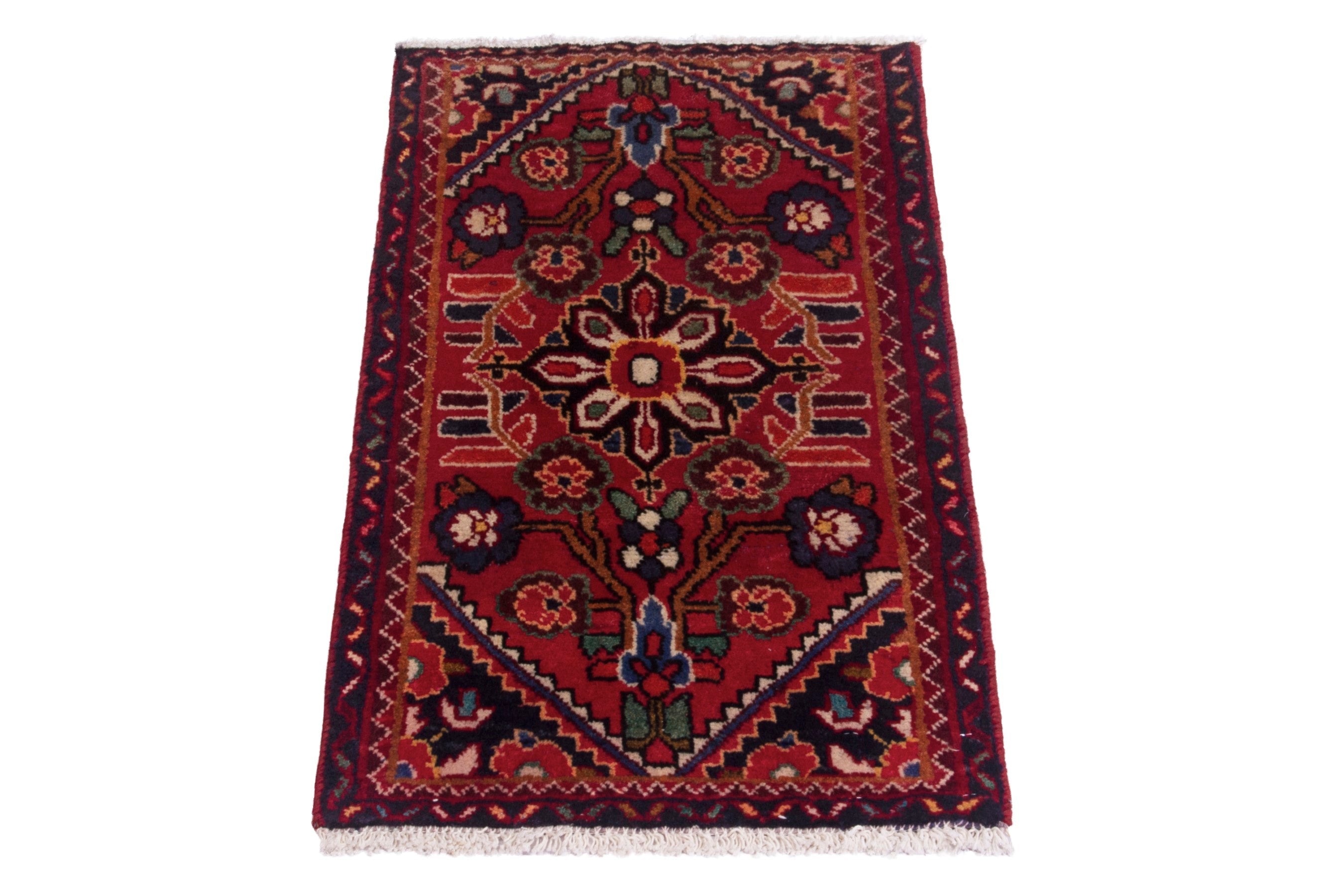 Persian Hamedan accent rug in deep red and burgundy, view 2 of 7