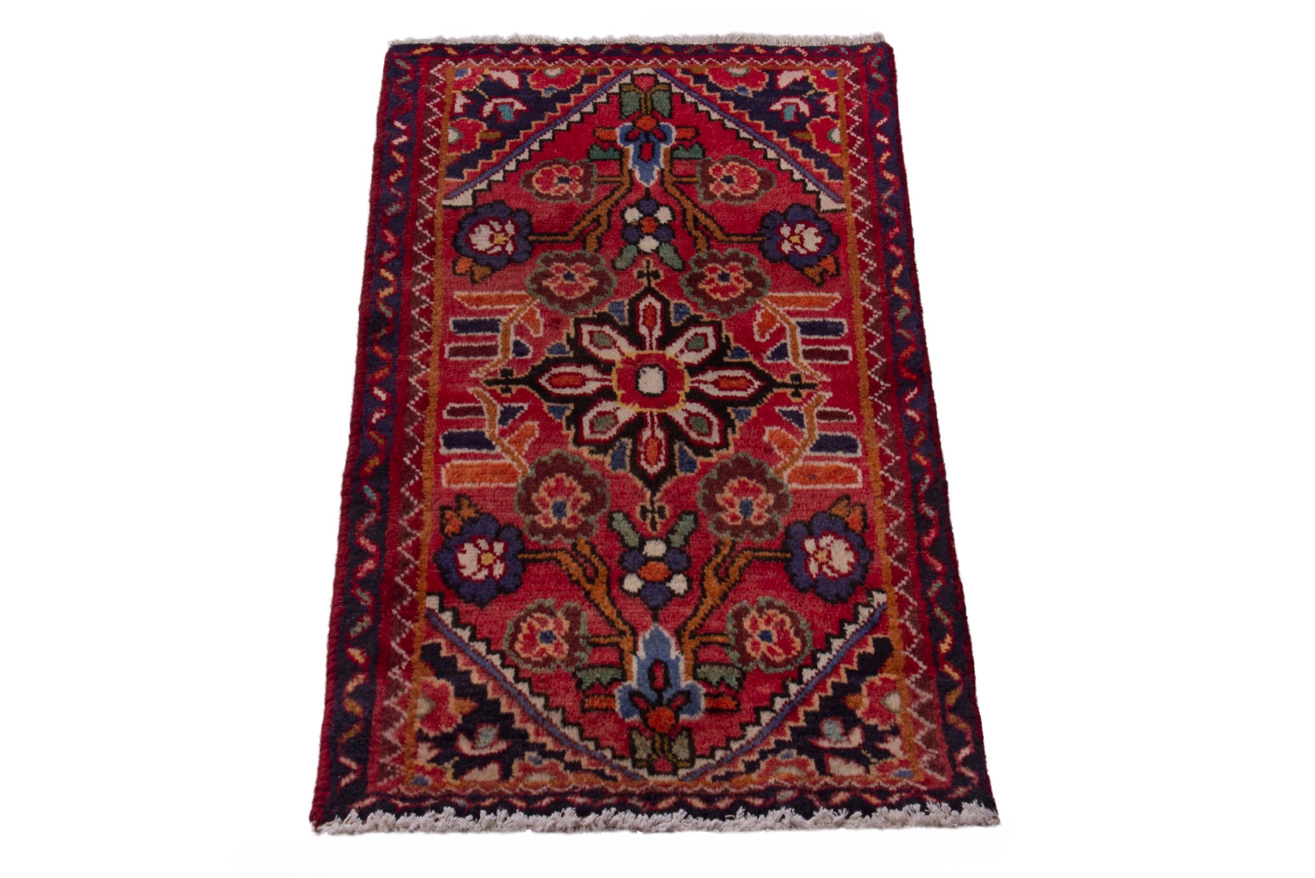 Persian Hamedan accent rug in deep red and burgundy, view 3 of 7
