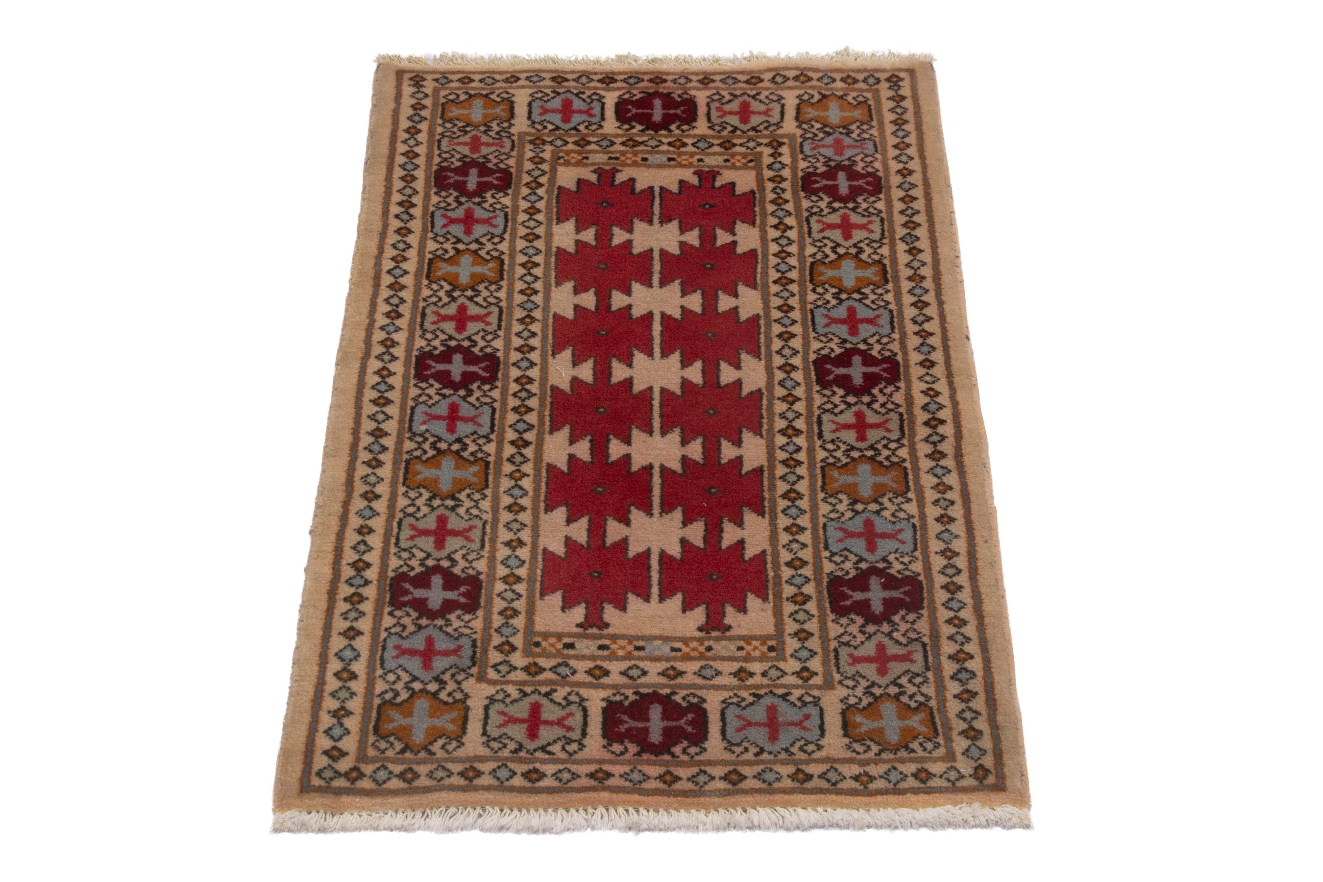 Persian Torkaman accent rug in cream and deep red, view 2 of 7