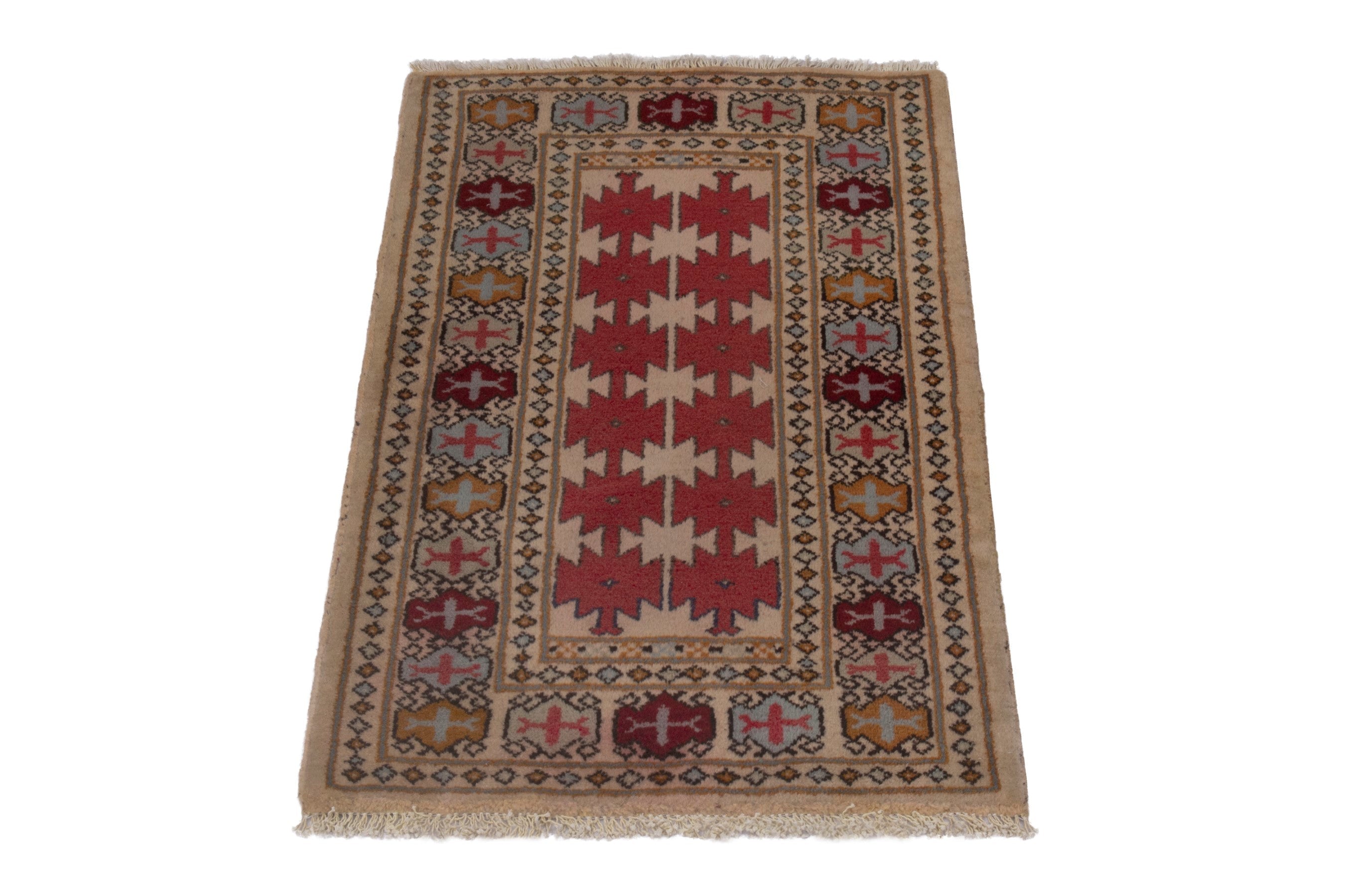 Persian Torkaman accent rug in cream and deep red, view 3 of 7