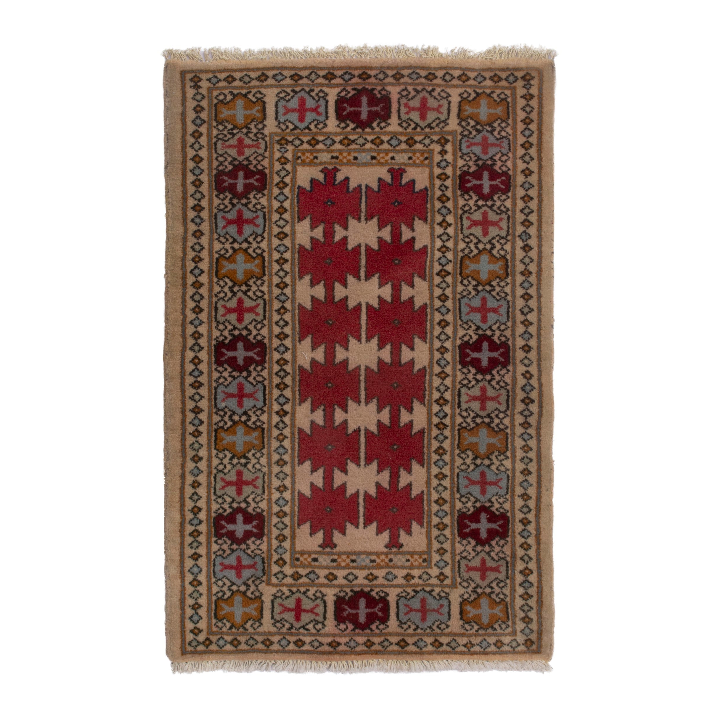 Persian Torkaman accent rug in cream and deep red, 2' x 2'9"