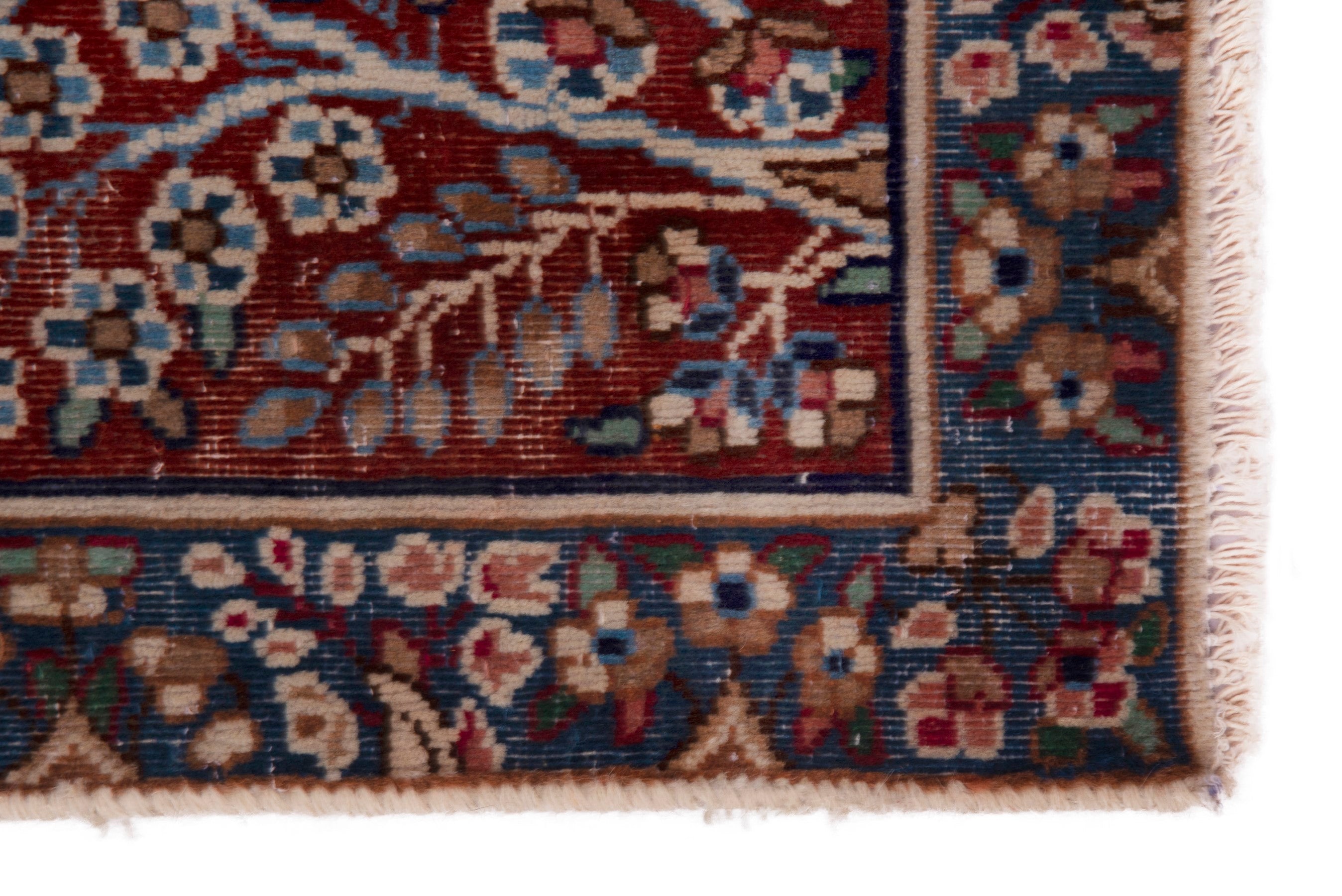 Persian Kerman accent rug in deep red and navy, view 4 of 7