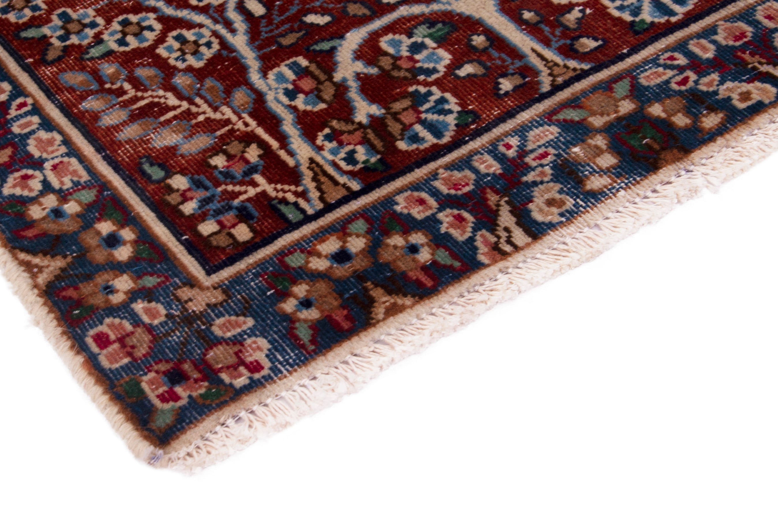 Persian Kerman accent rug in deep red and navy, view 5 of 7