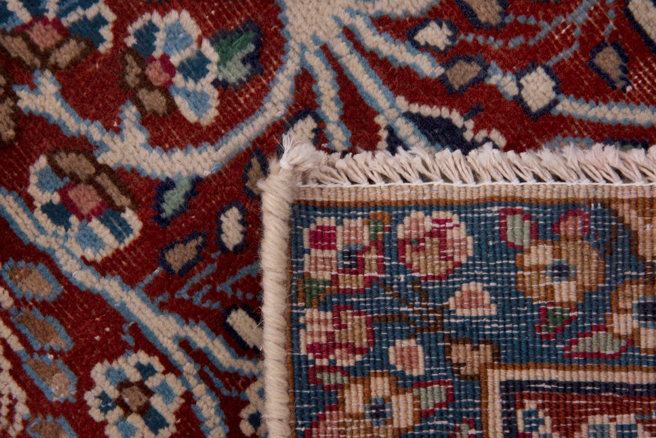 Persian Kerman accent rug in deep red and navy, view 7 of 7
