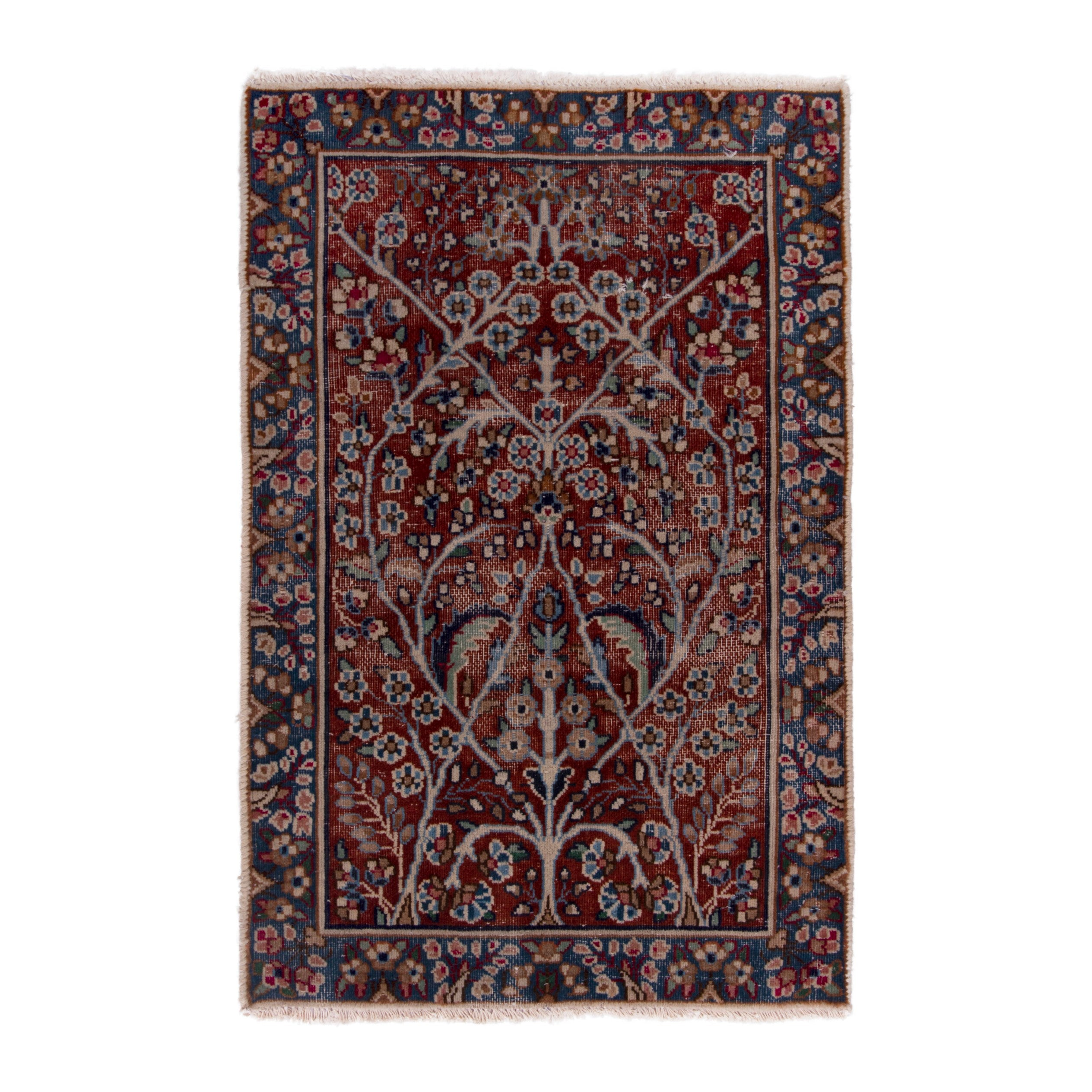 Persian Kerman accent rug in deep red and navy, 2' x 2'11"