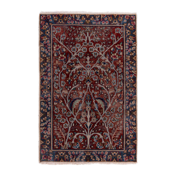 Persian Kerman accent rug in deep red and navy, 2' x 2'11"