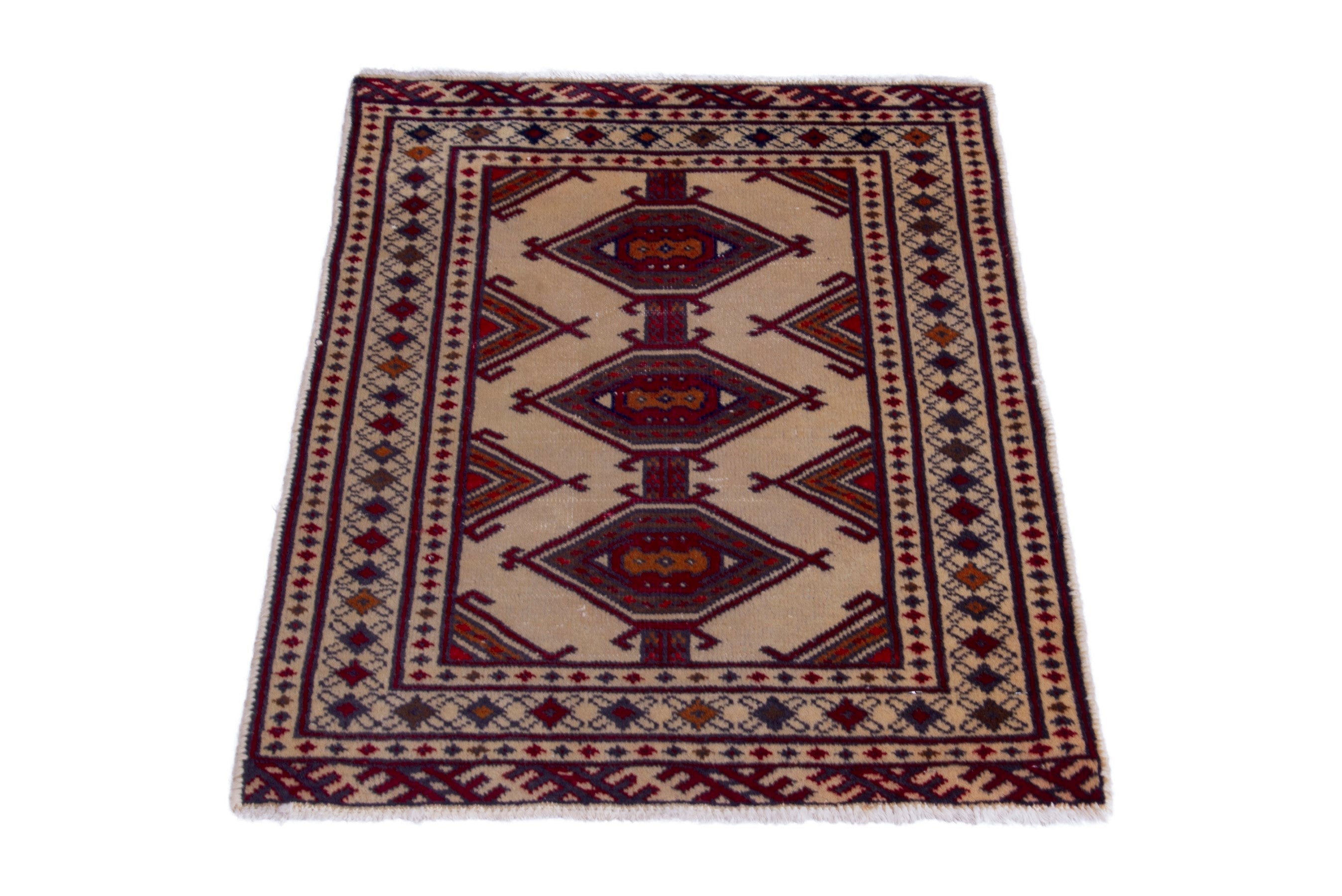 Persian Torkaman accent rug in cream and burgundy, view 2 of 7