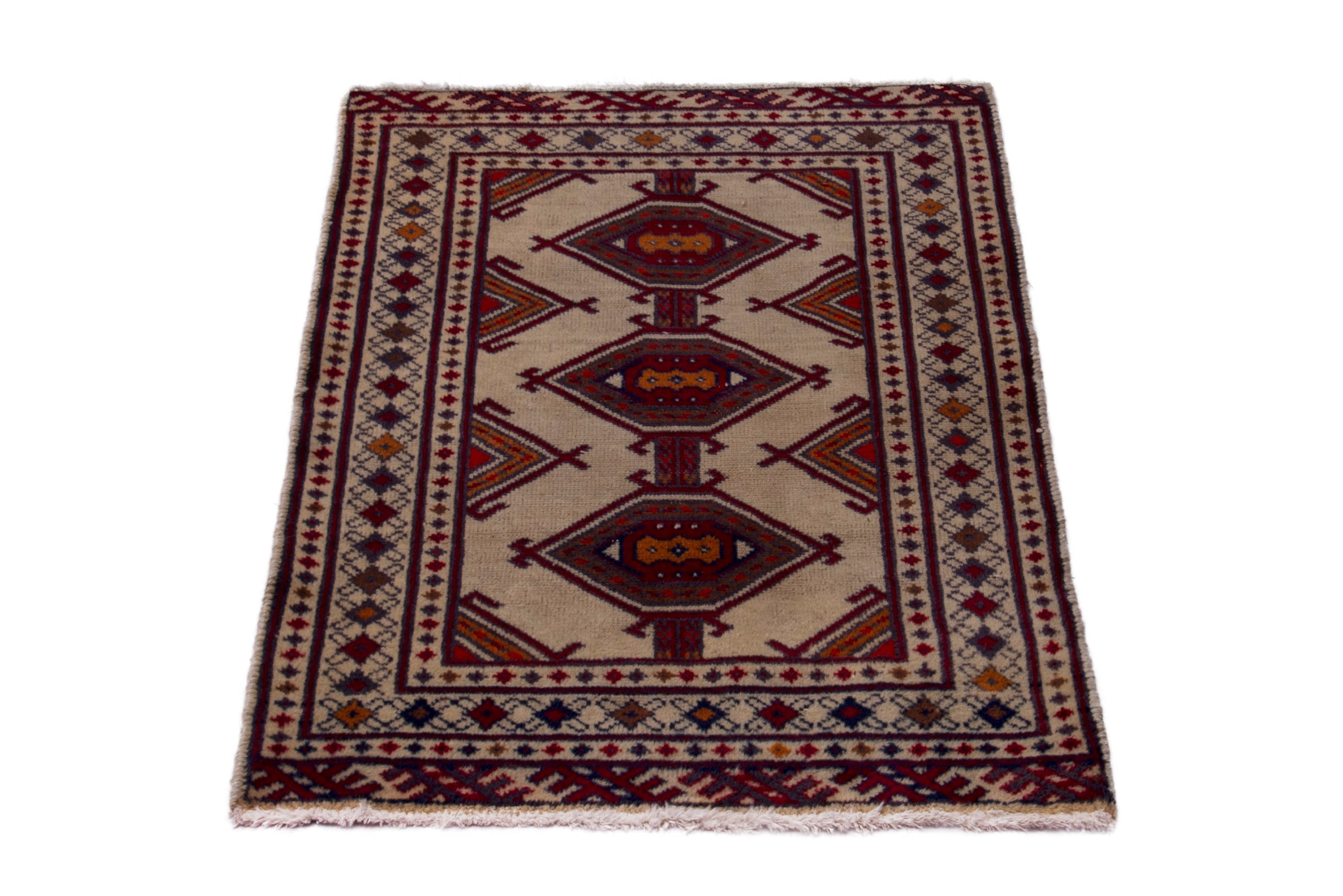 Persian Torkaman accent rug in cream and burgundy, view 3 of 7