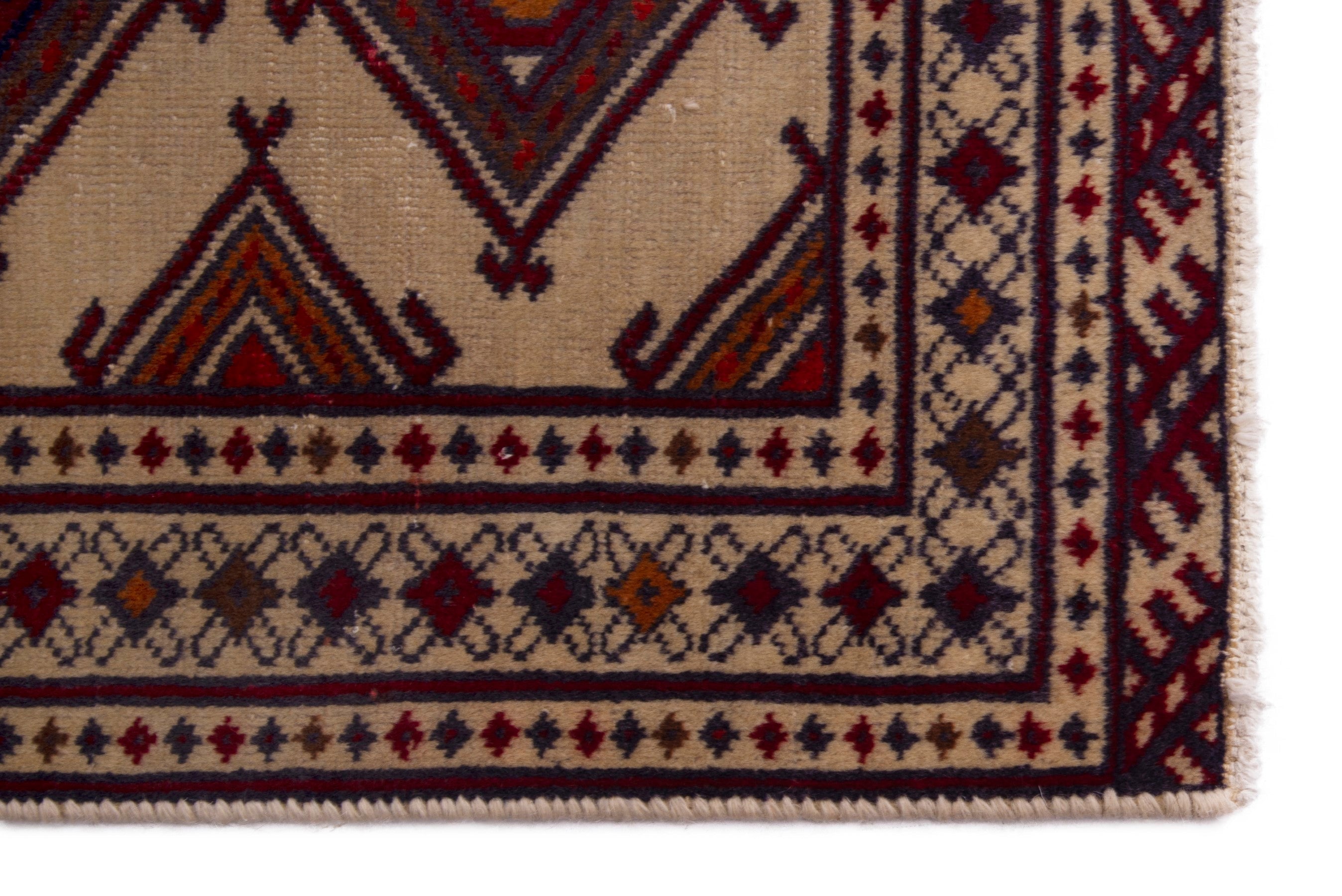 Persian Torkaman accent rug in cream and burgundy, view 4 of 7