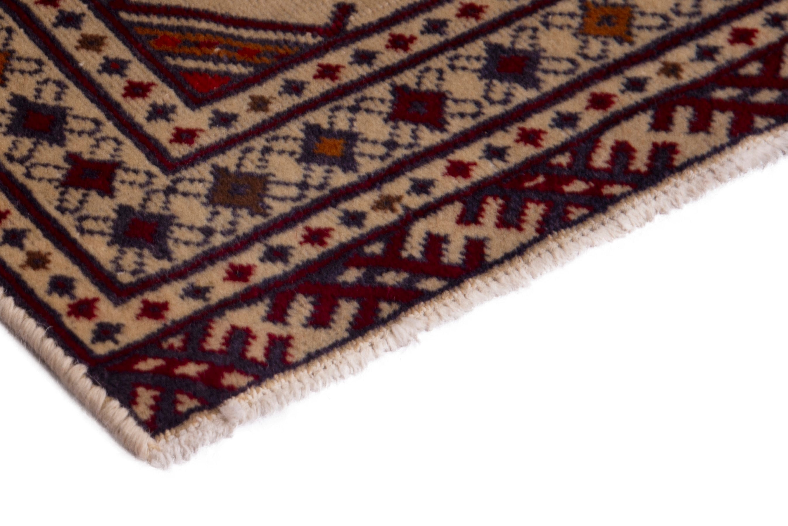 Persian Torkaman accent rug in cream and burgundy, view 5 of 7