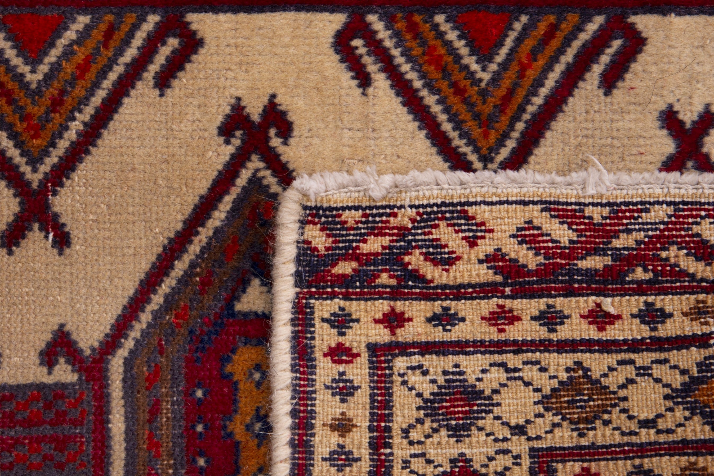 Persian Torkaman accent rug in cream and burgundy, view 7 of 7